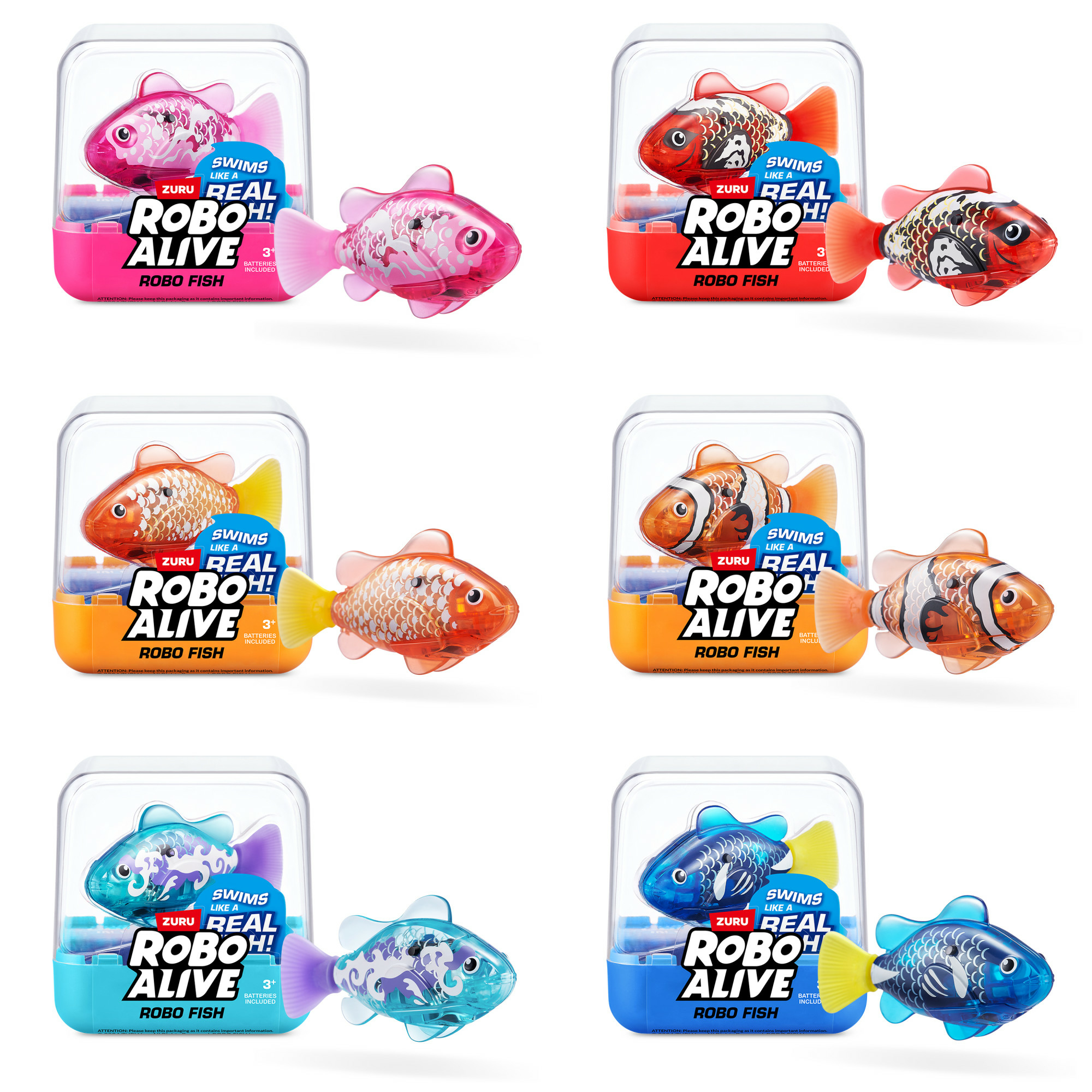 Sei Robo Alive Robo Fish in contenitori trasparenti. Ogni pesce ha un colore e un design diversi.