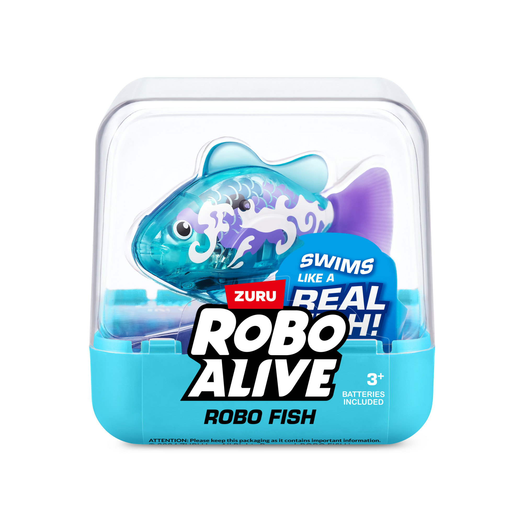 Un giocattolo Robo Alive Robo Fish in un contenitore trasparente, che mostra un pesce blu e viola che nuota.