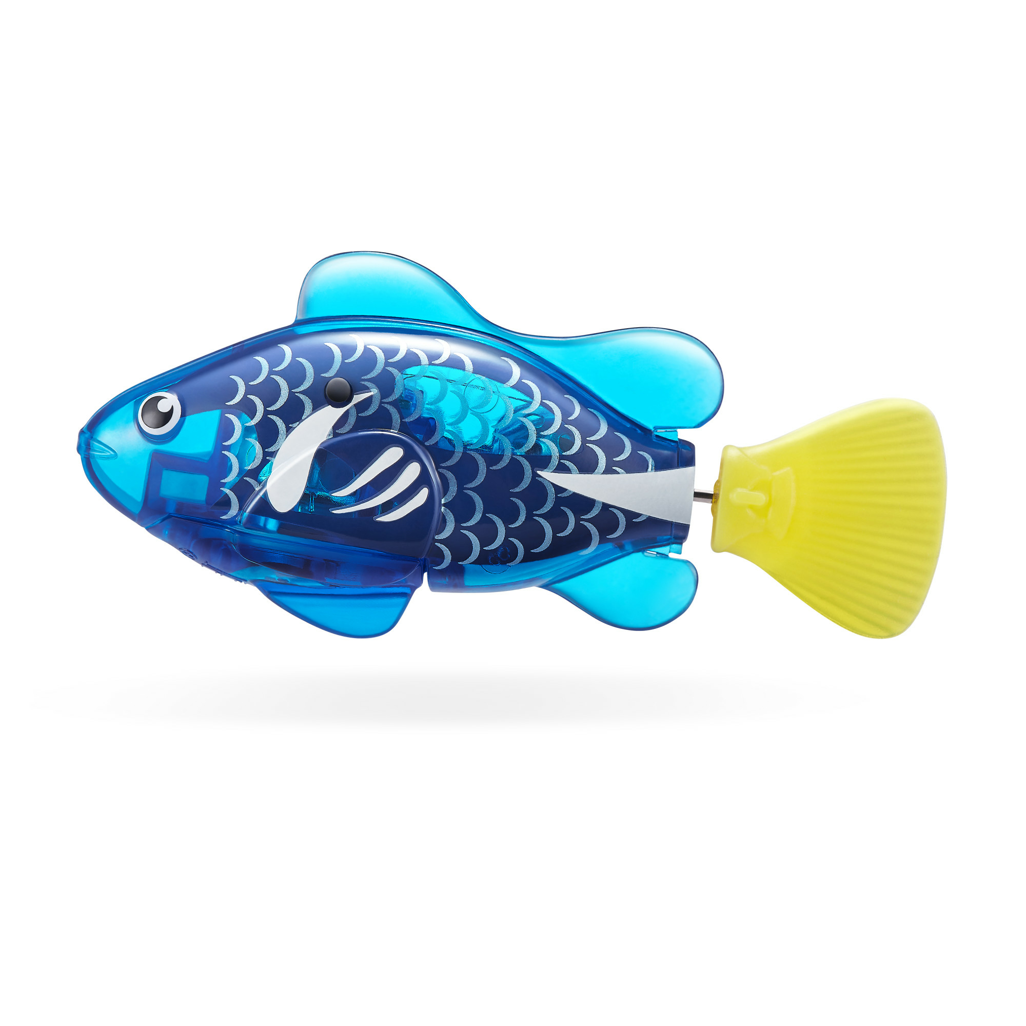 Un pesce giocattolo nei colori blu, trasparente e giallo.