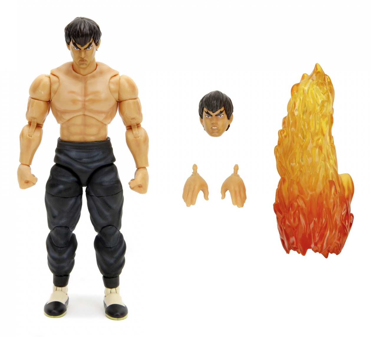 Figurka akcji umięśnionego mężczyzny, z alternatywną głową i dłońmi oraz akcesorium z efektem płomienia.