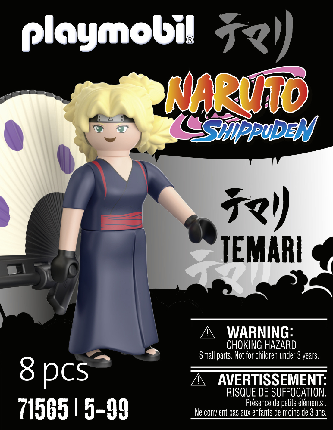 Playmobil-Figur von Temari aus dem Naruto-Anime, die einen Fächer hält, mit schwarzem Hintergrund.