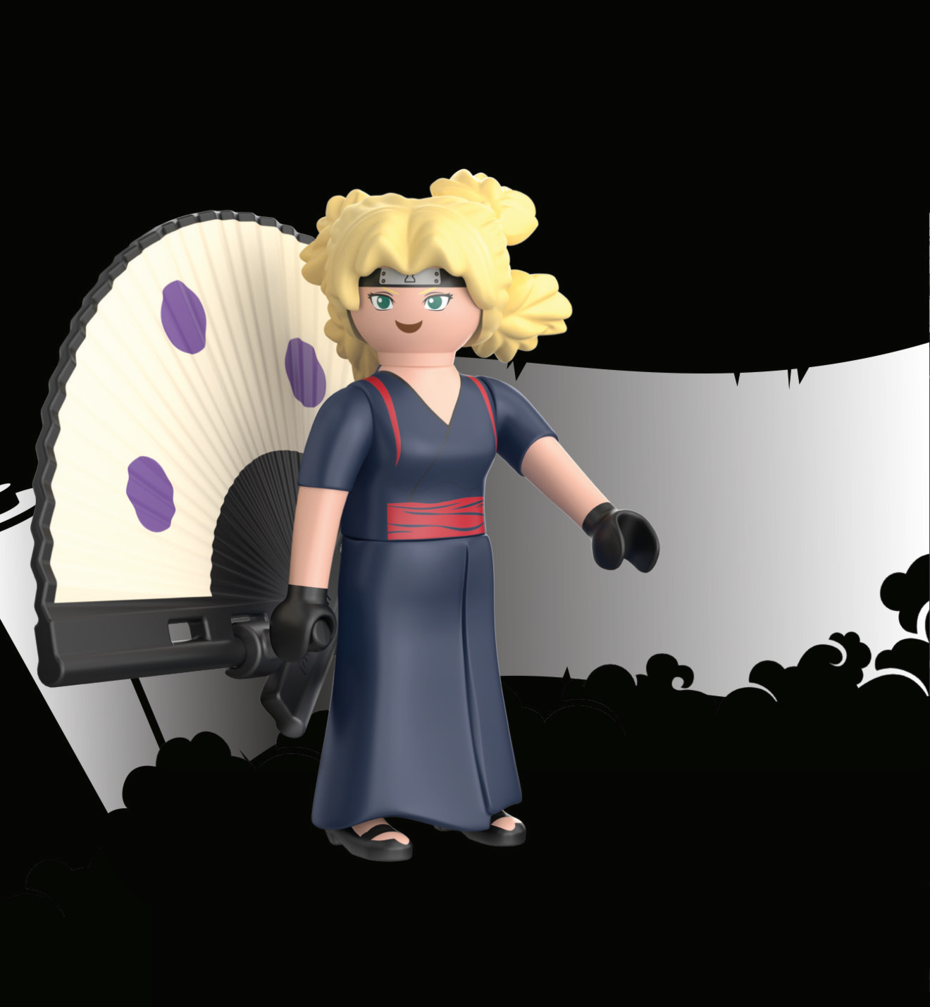 Eine Playmobil-Temari-Figur, die einen Fächer hält. Sie trägt ein dunkelblaues Kleid, schwarze Handschuhe und hat blondes Haar.