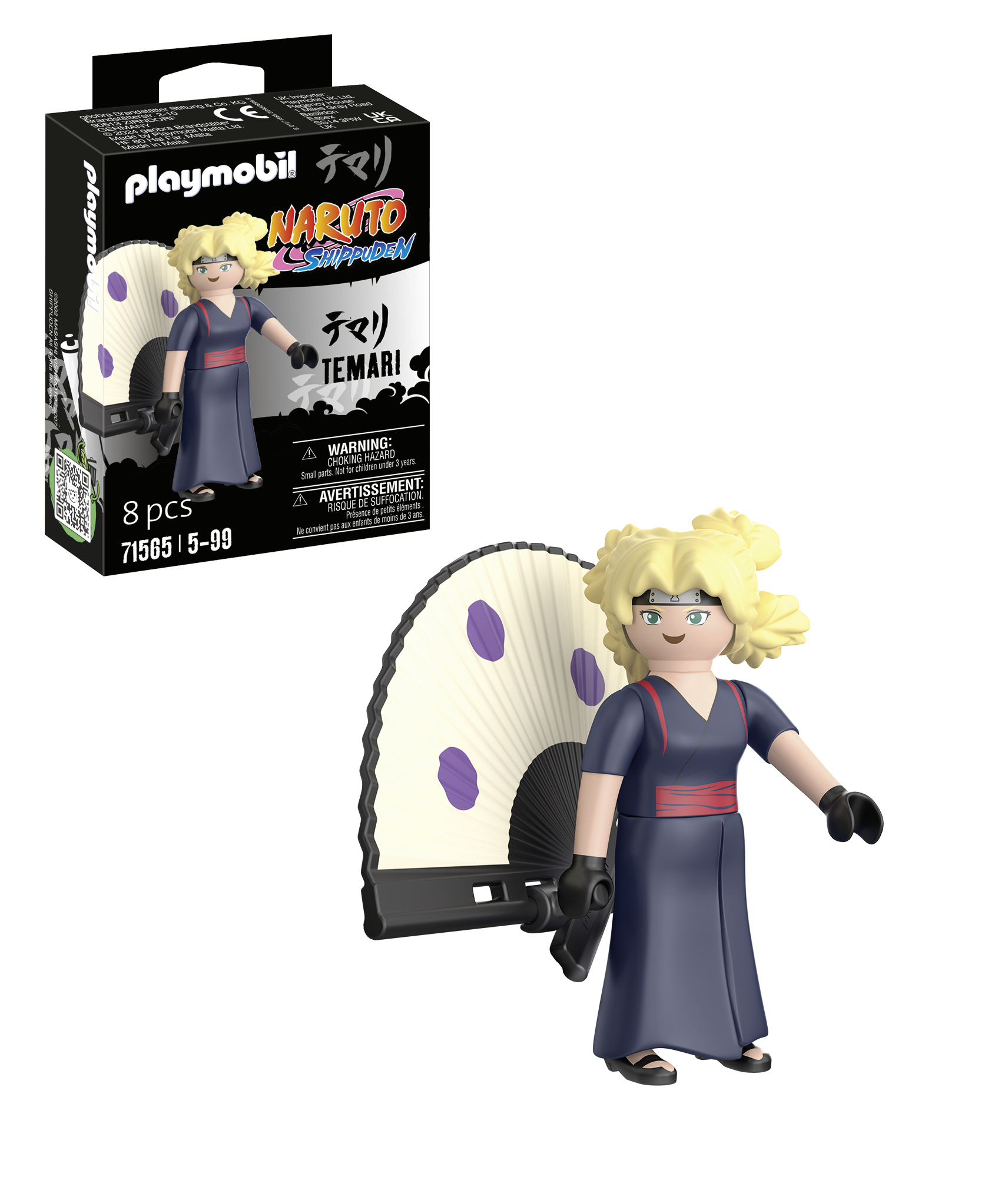 Temari Figur aus Naruto Shippuden mit Fächer. Sie ist in einer Playmobil-Box.