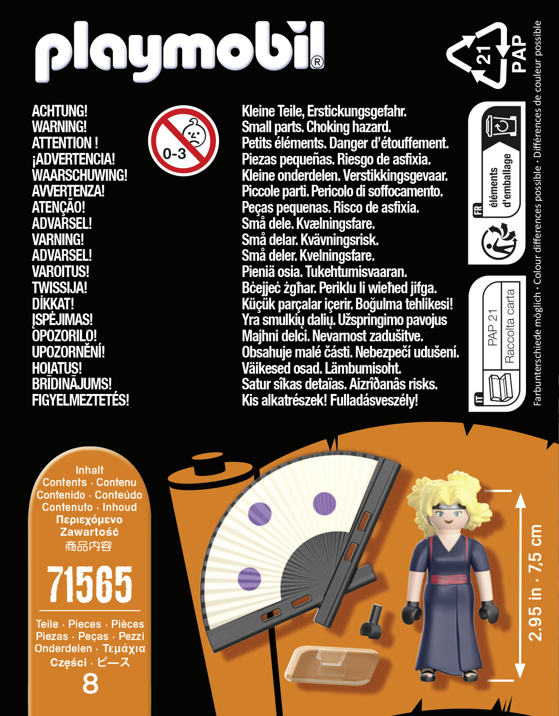 Eine Playmobil-Box mit Warnhinweisen in mehreren Sprachen und dem Bild einer Temari-Figur und eines Fächers.
