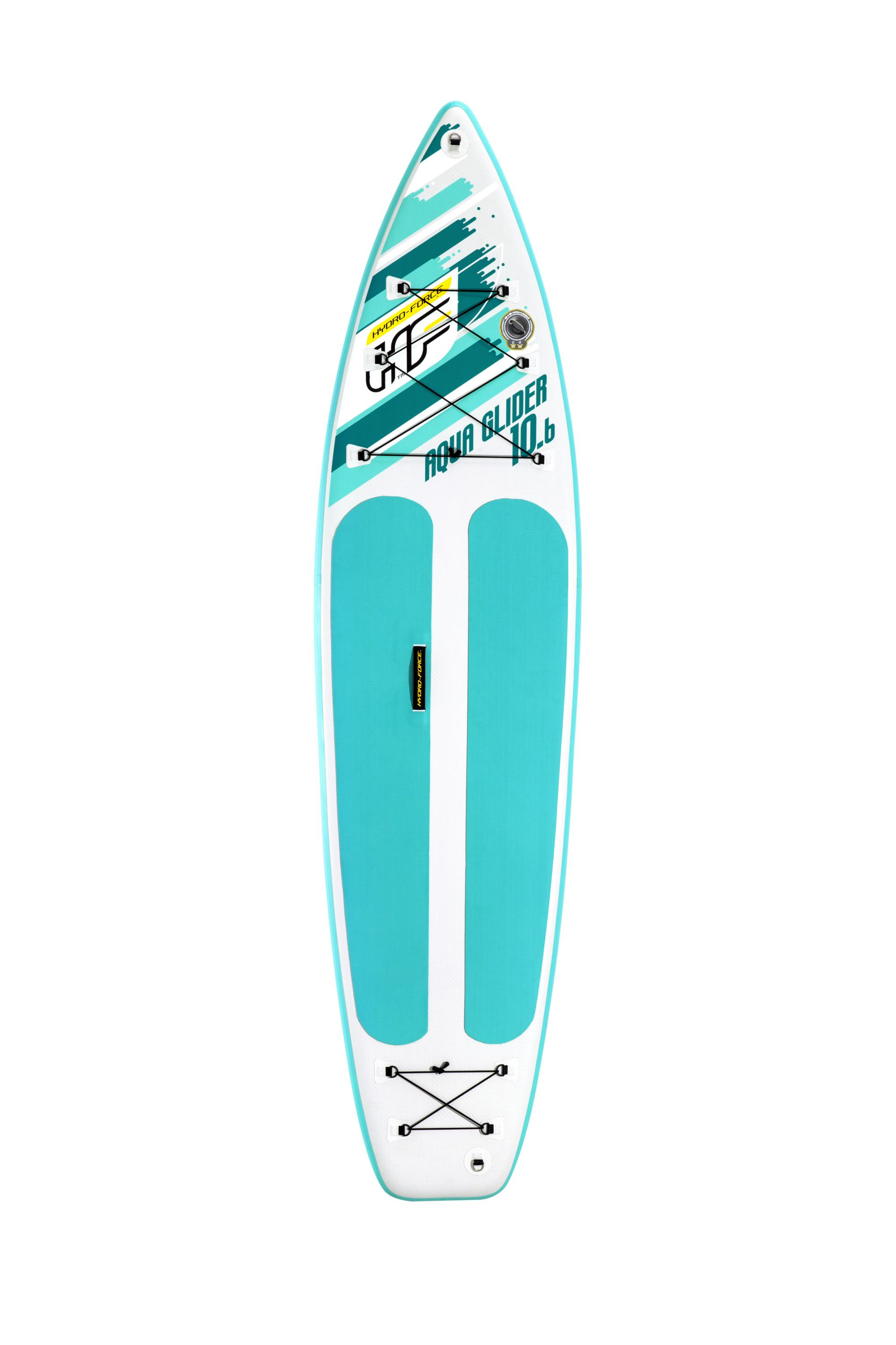 Deska do wiosłowania na stojąco z turkusowo-białym wzorem. Ma napis Aqua Glider 10.6.