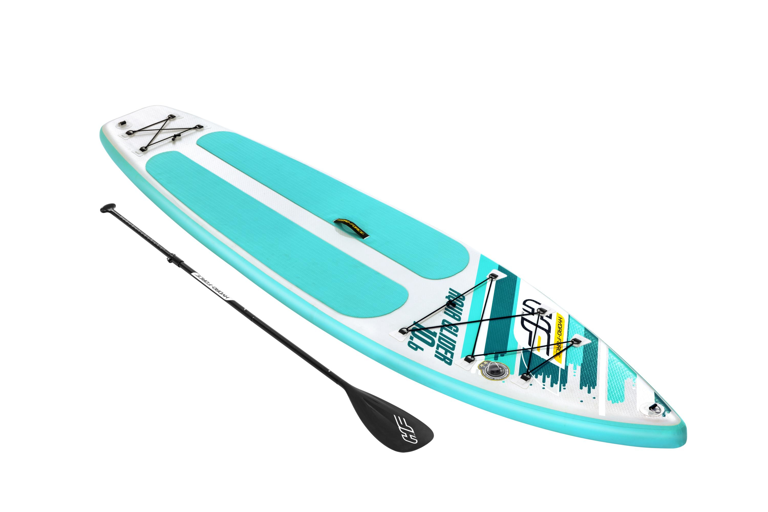 Deska do paddleboardingu z turkusowym blatem i czarnym wiosłem na białym tle.