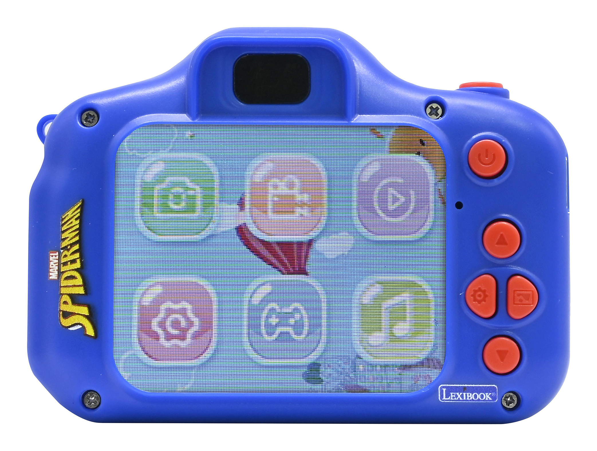 Niebieska zabawka-aparat Spidermana z ekranem wyświetlającym ikony aplikacji. Po bokach znajdują się pomarańczowe przyciski.