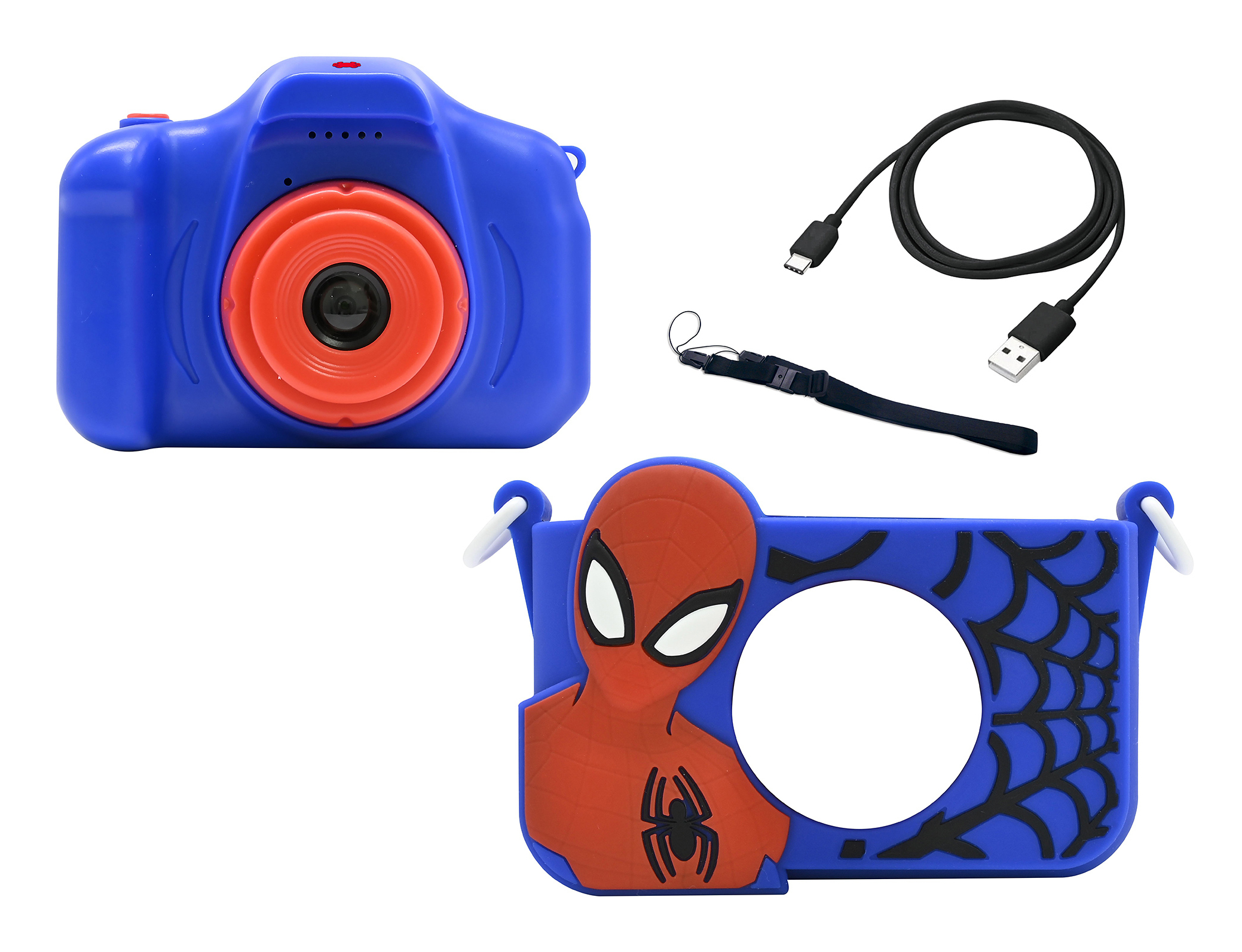 Niebieski aparat zabawkowy, etui Spider-Man, czarny kabel USB i pasek na nadgarstek.