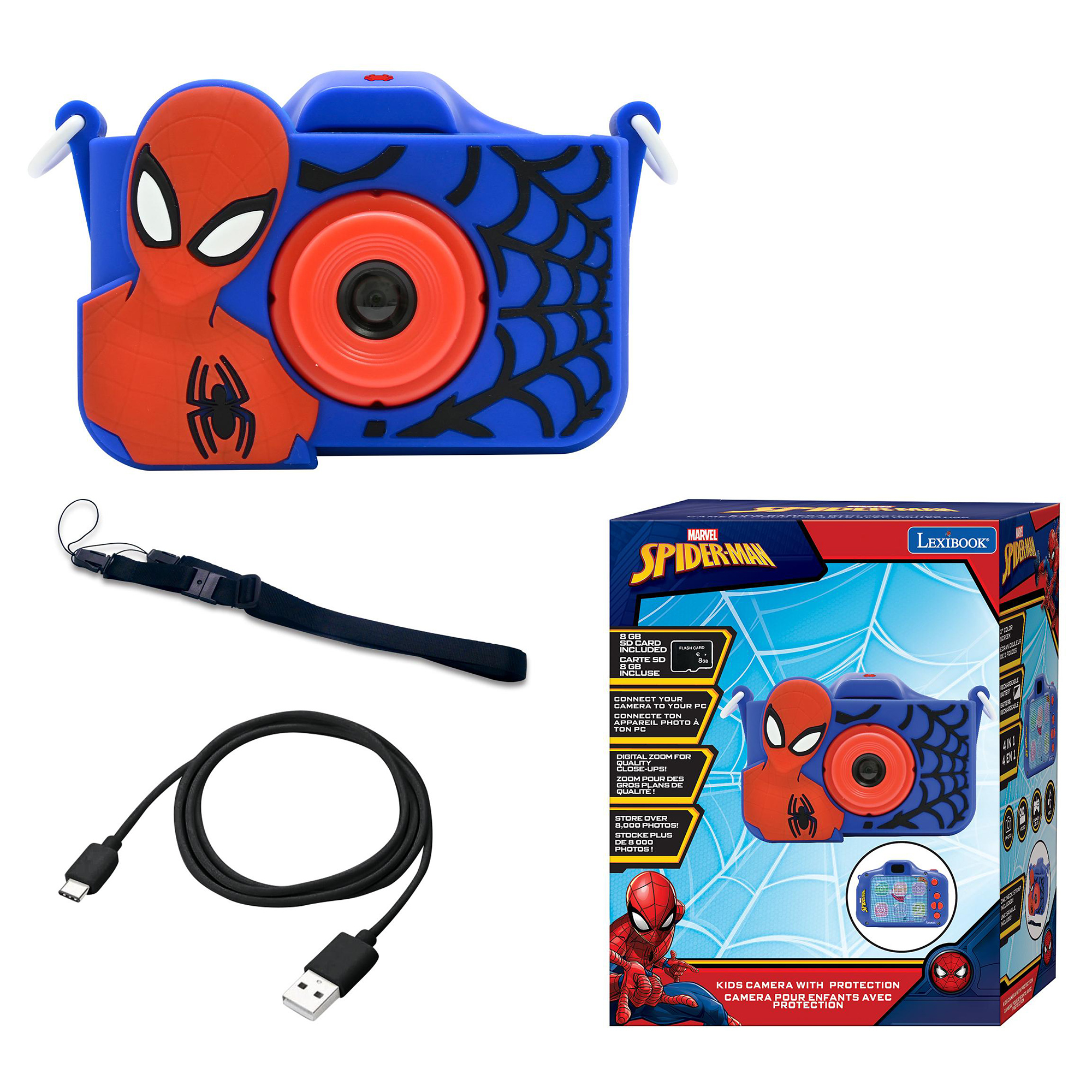 Aparat Spider-Man i akcesoria. Aparat jest niebieski i czerwony, z kablem i pudełkiem.