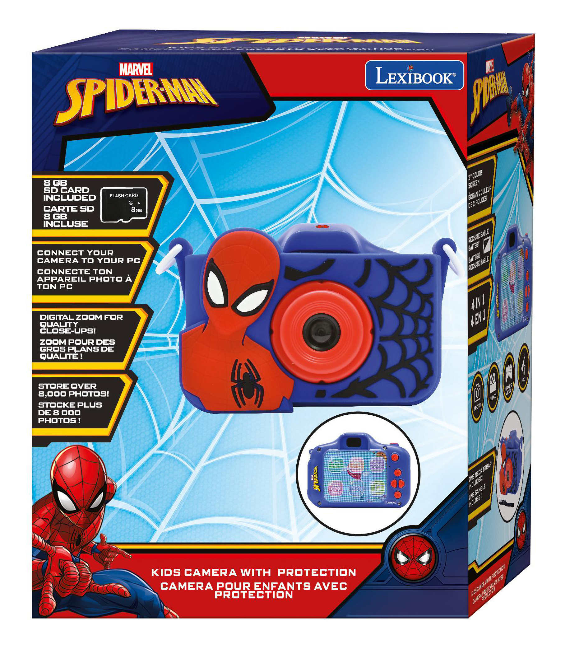 Zestaw pudełkowy z aparatem dla dzieci Spider-Man. Zawiera aparat, opakowanie przedstawia Spider-Mana.