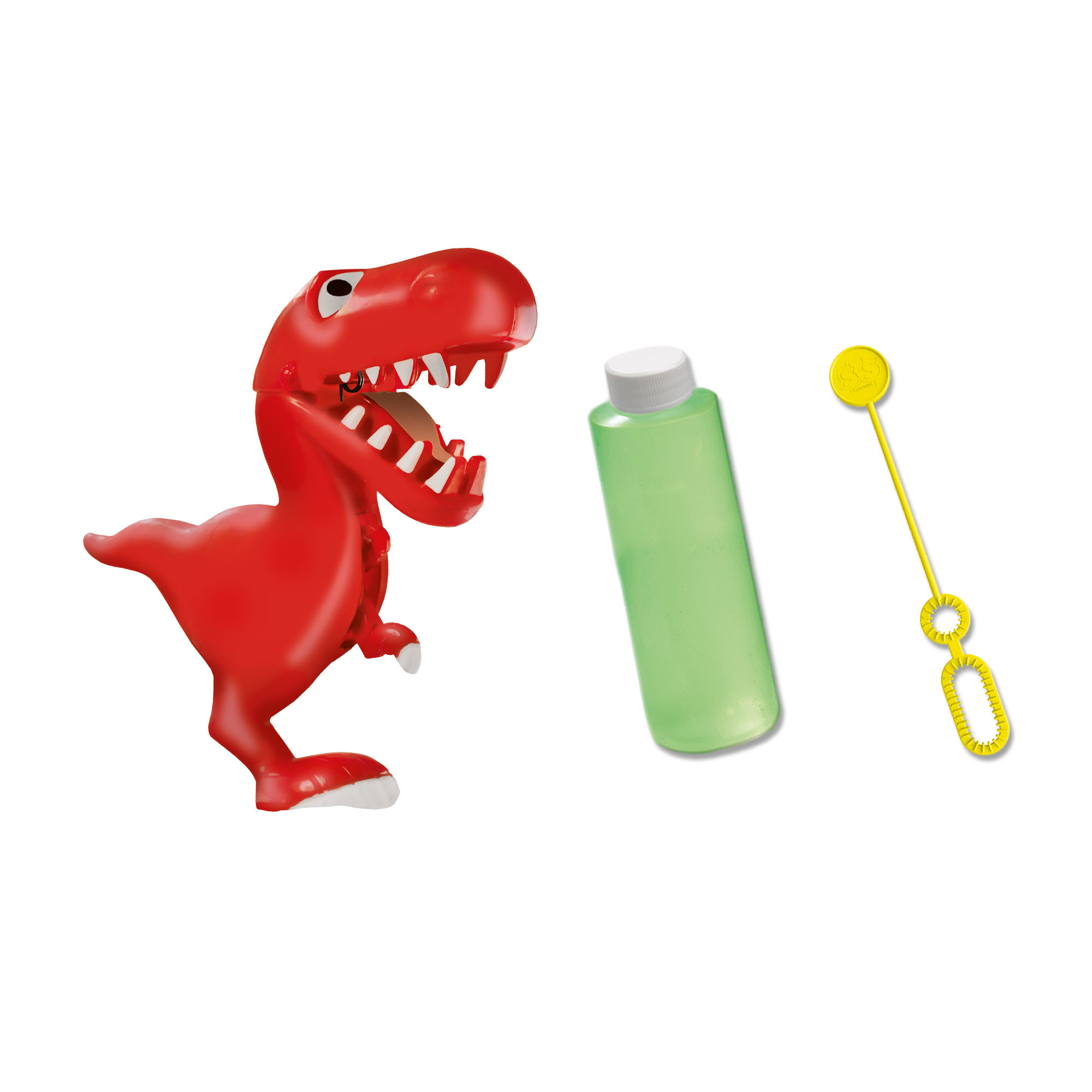 Juguete de dinosaurio rojo con botella de burbujas y varita de burbujas. Es un fondo blanco.