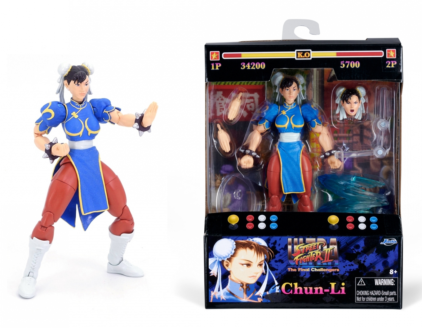 Figurka Chun-Li i jej opakowanie. Nosi niebieską sukienkę i białe buty, w pozycji bojowej.