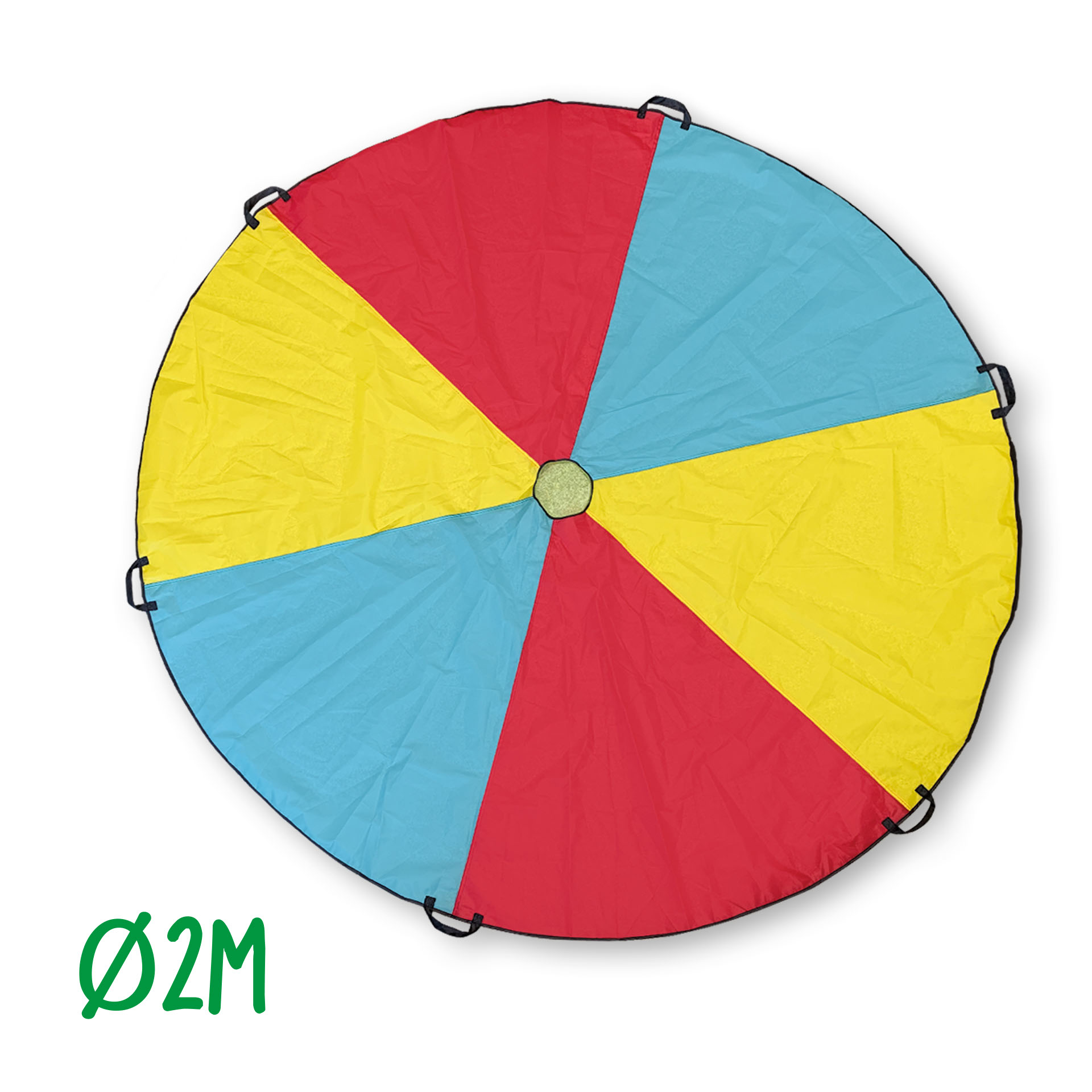 Una alfombra circular colorida con secciones rojas, amarillas y azules. El diámetro está marcado como 2M.