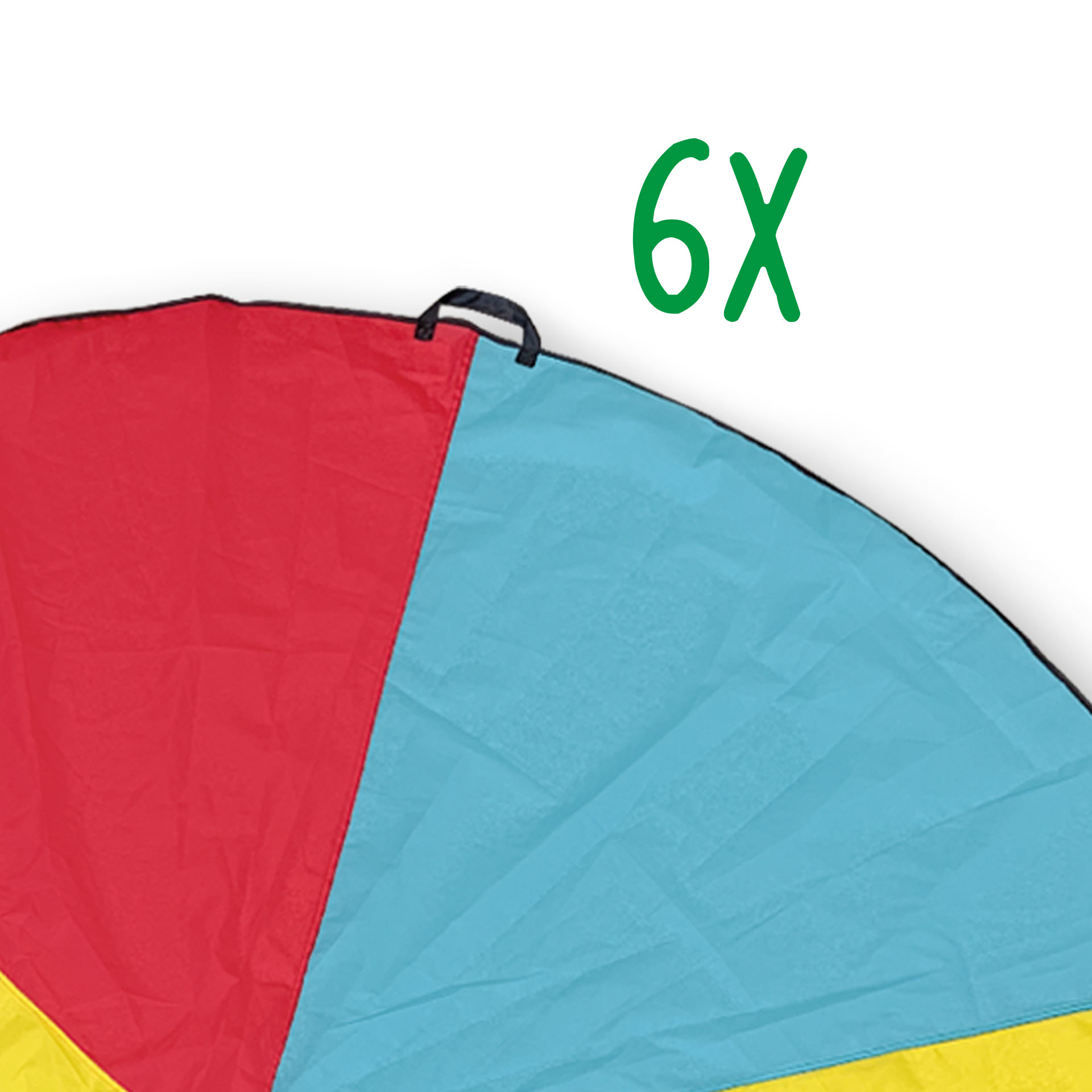 Un paracaídas colorido, rojo, azul y amarillo, con el número 6x en verde en la parte superior.
