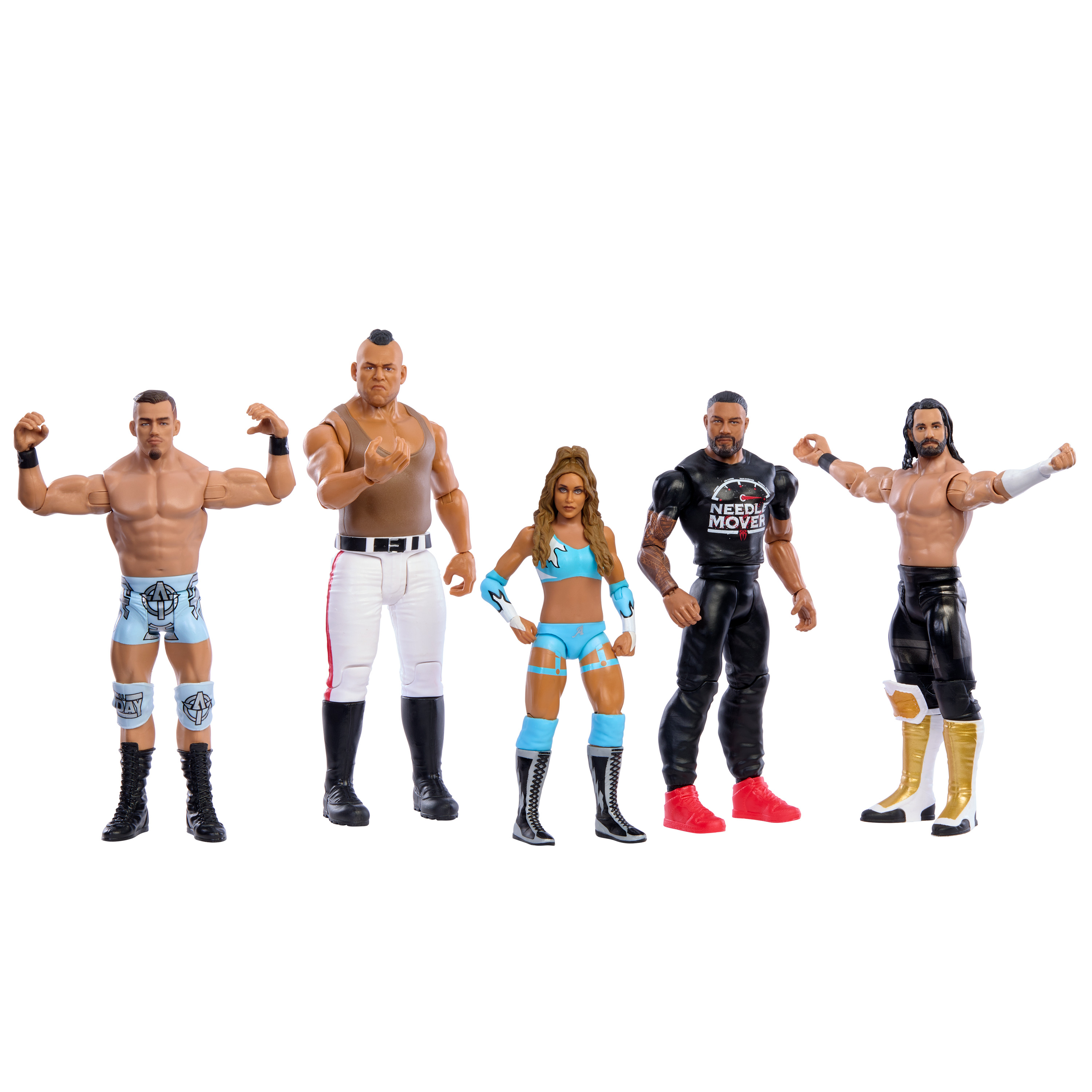 Cinque figure di wrestling in fila, ciascuna con abiti e pose distinti su sfondo bianco.