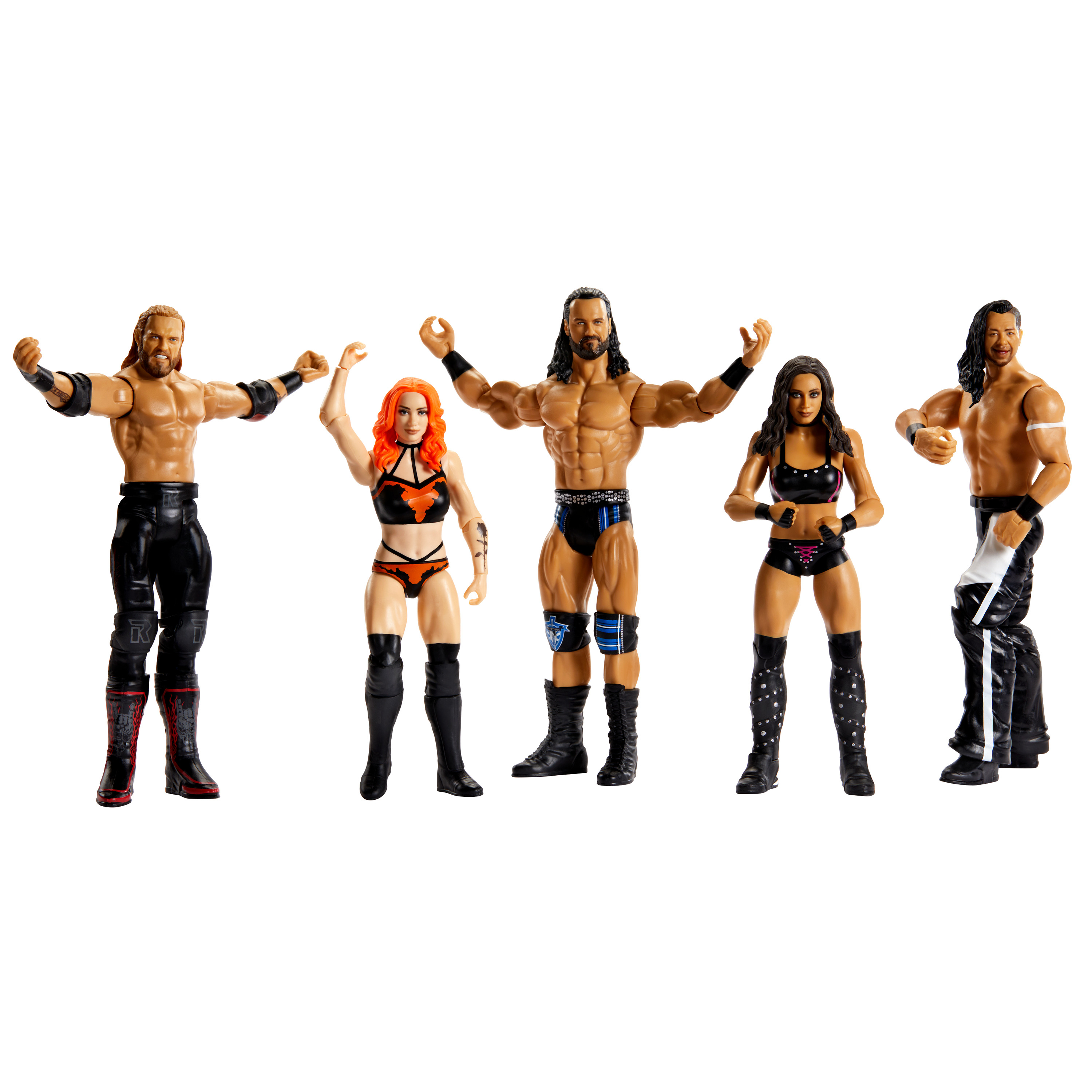 Gruppo di cinque action figure di wrestling in posa con le braccia alzate.