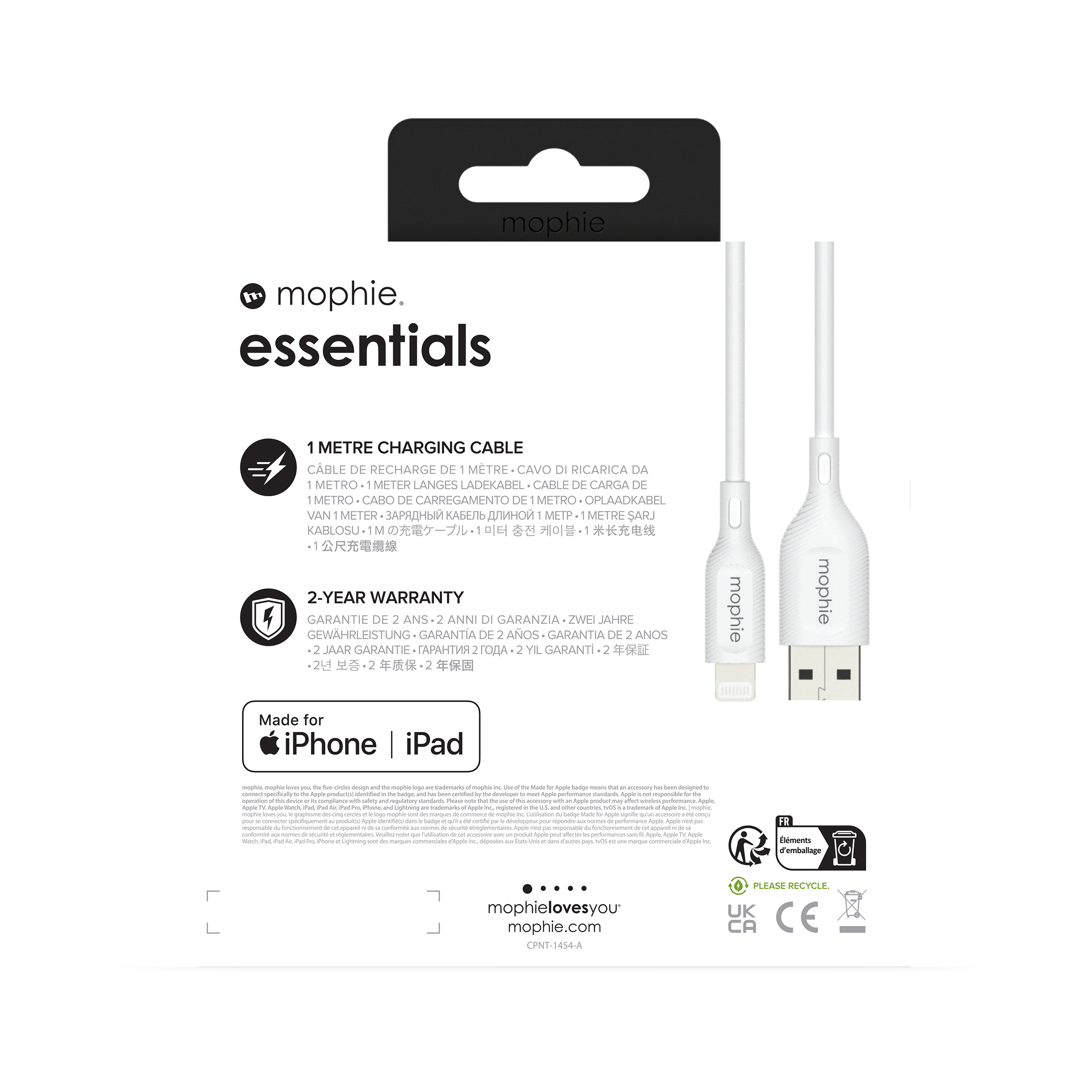 Confezione del cavo di ricarica Mophie essentials, con un cavo bianco all'interno. Testo e grafica sono sulla confezione.