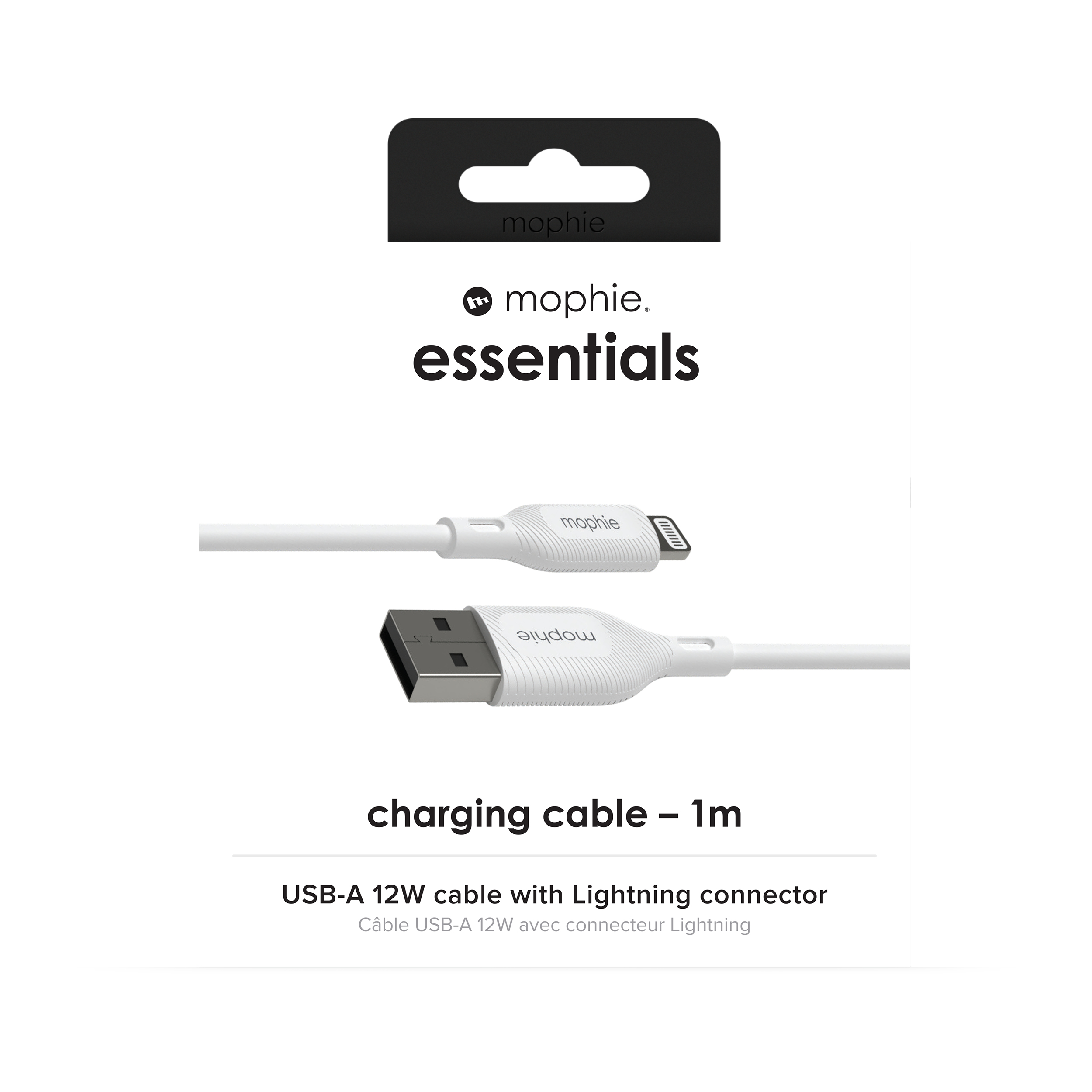 Cavo USB-A 12W bianco con connettore Lightning, presentato con confezione.