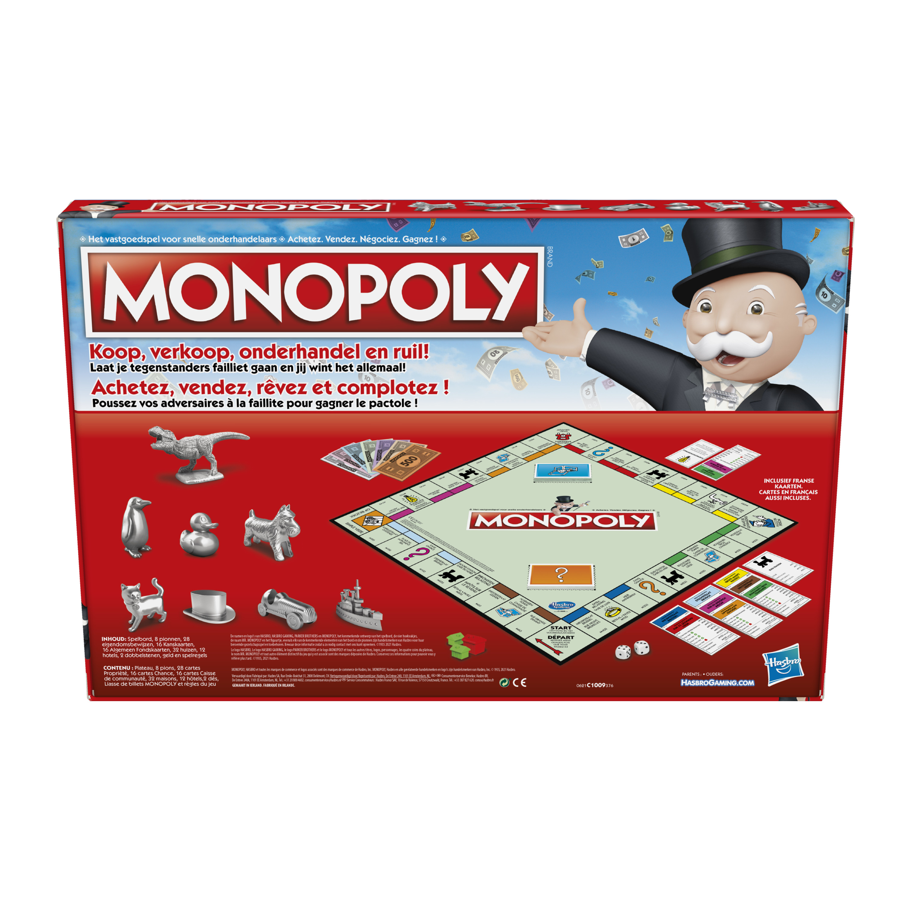 Pudełko gry planszowej Monopoly z widoczną planszą. Zawiera pana Monopoly i różne elementy gry.