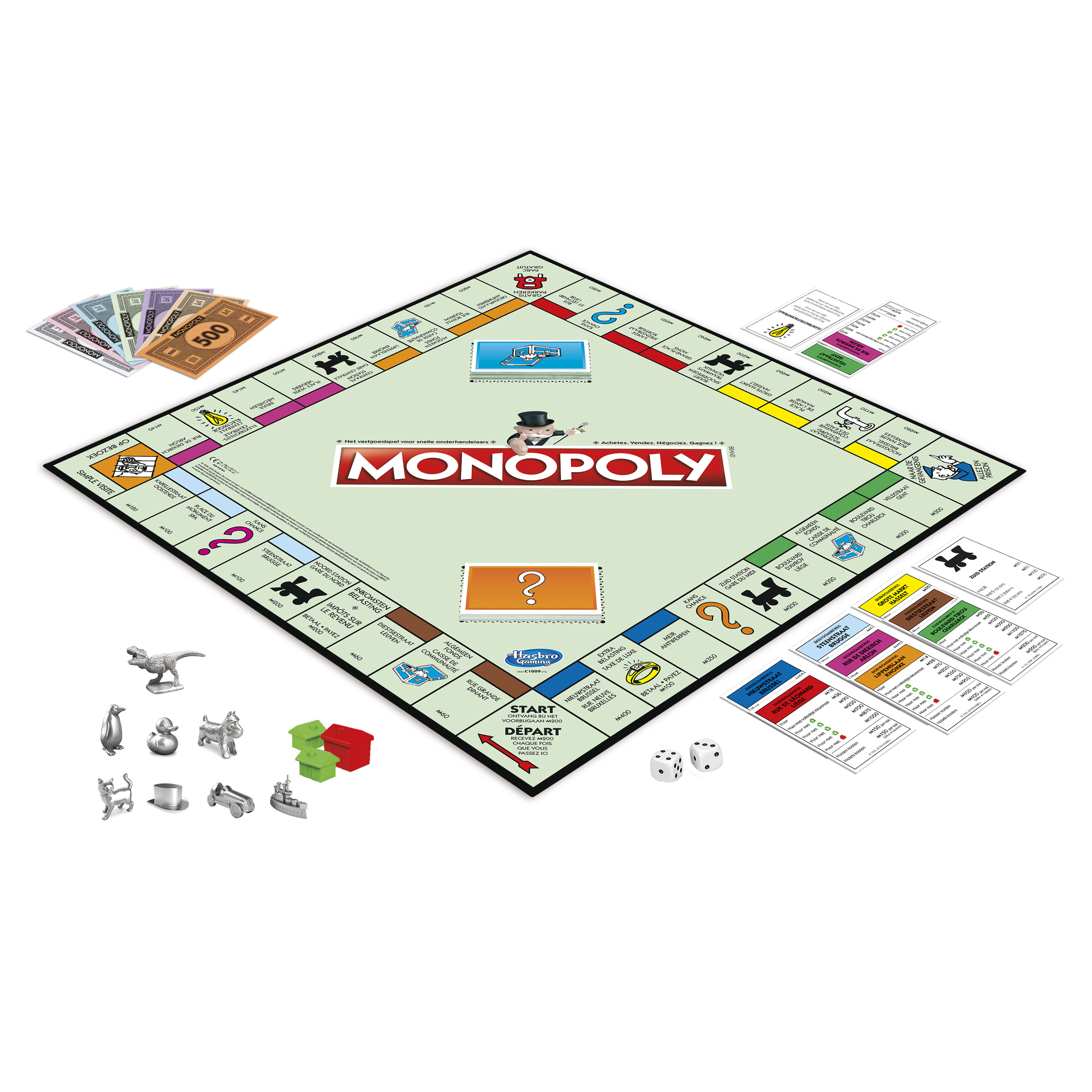 Gra planszowa Monopoly z pieniędzmi, domami, żetonami i kostkami na białym tle.