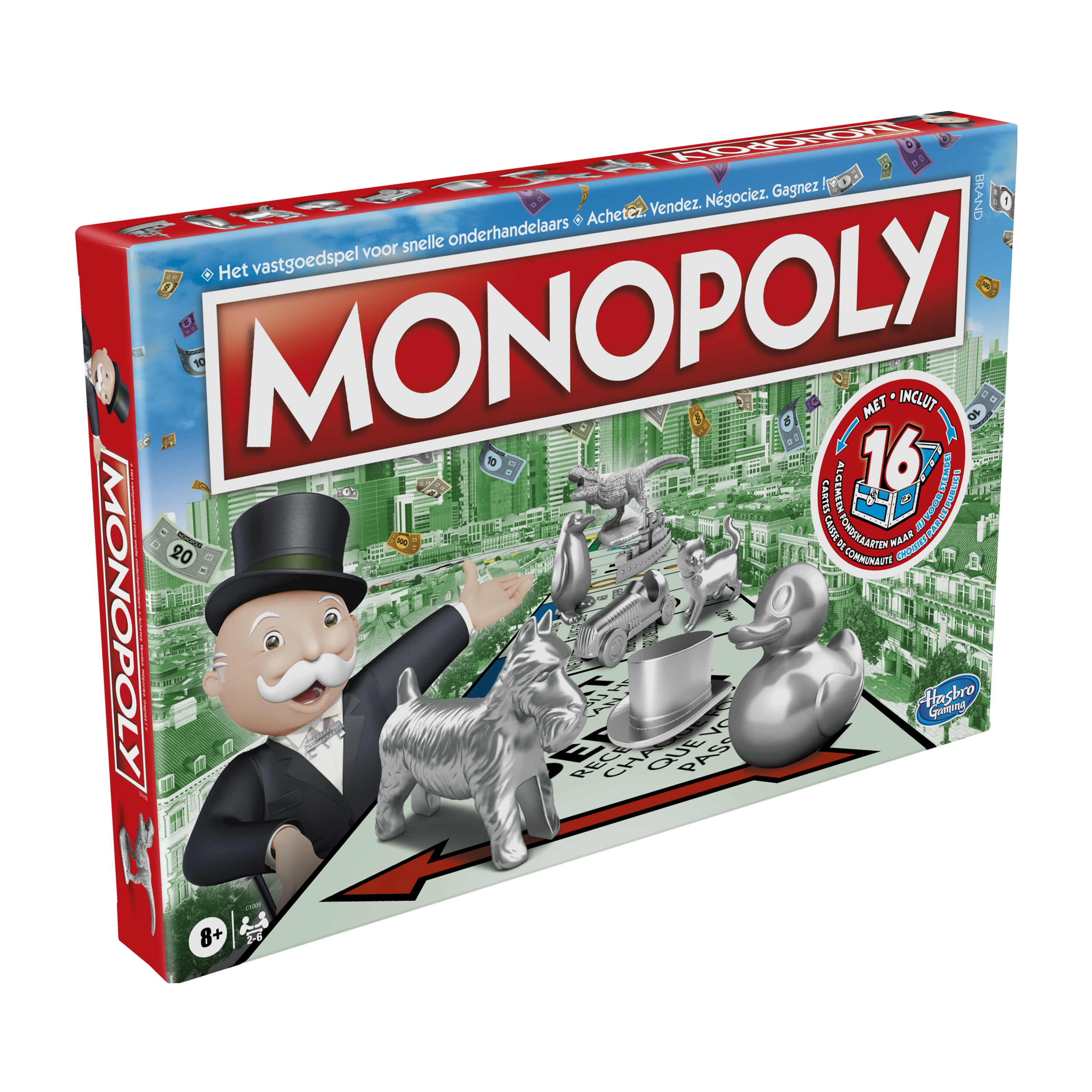 Pudełko gry planszowej Monopoly z elementami gry i mężczyzną w cylindrze na okładce.