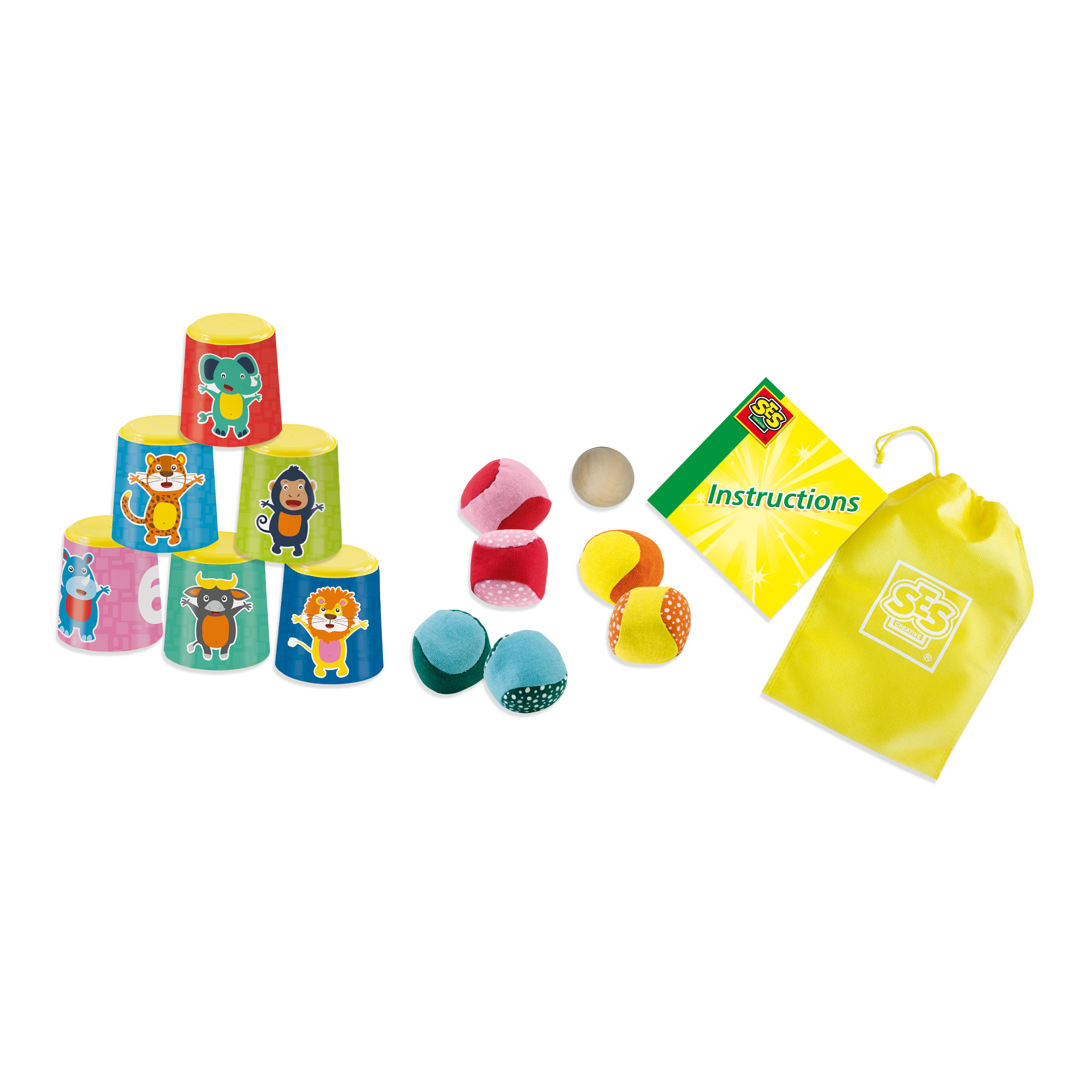 Un conjunto de vasos de juguete coloridos, bolas e instrucciones están dispuestos en una superficie blanca para un juego infantil.
