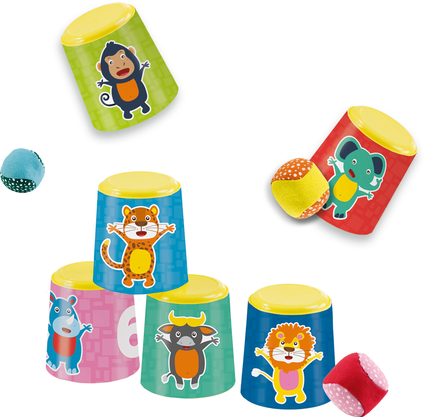 Un conjunto de vasos de juguete coloridos con caras de animales y bolas, una bola en el aire.
