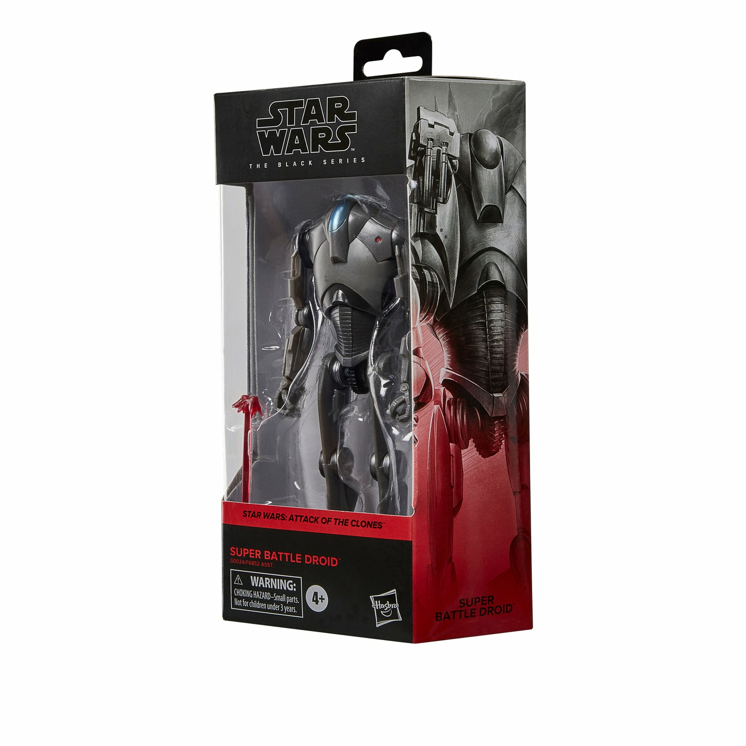 Figurka Star Wars Super Battle Droid w pudełku wystawowym, na białym tle.