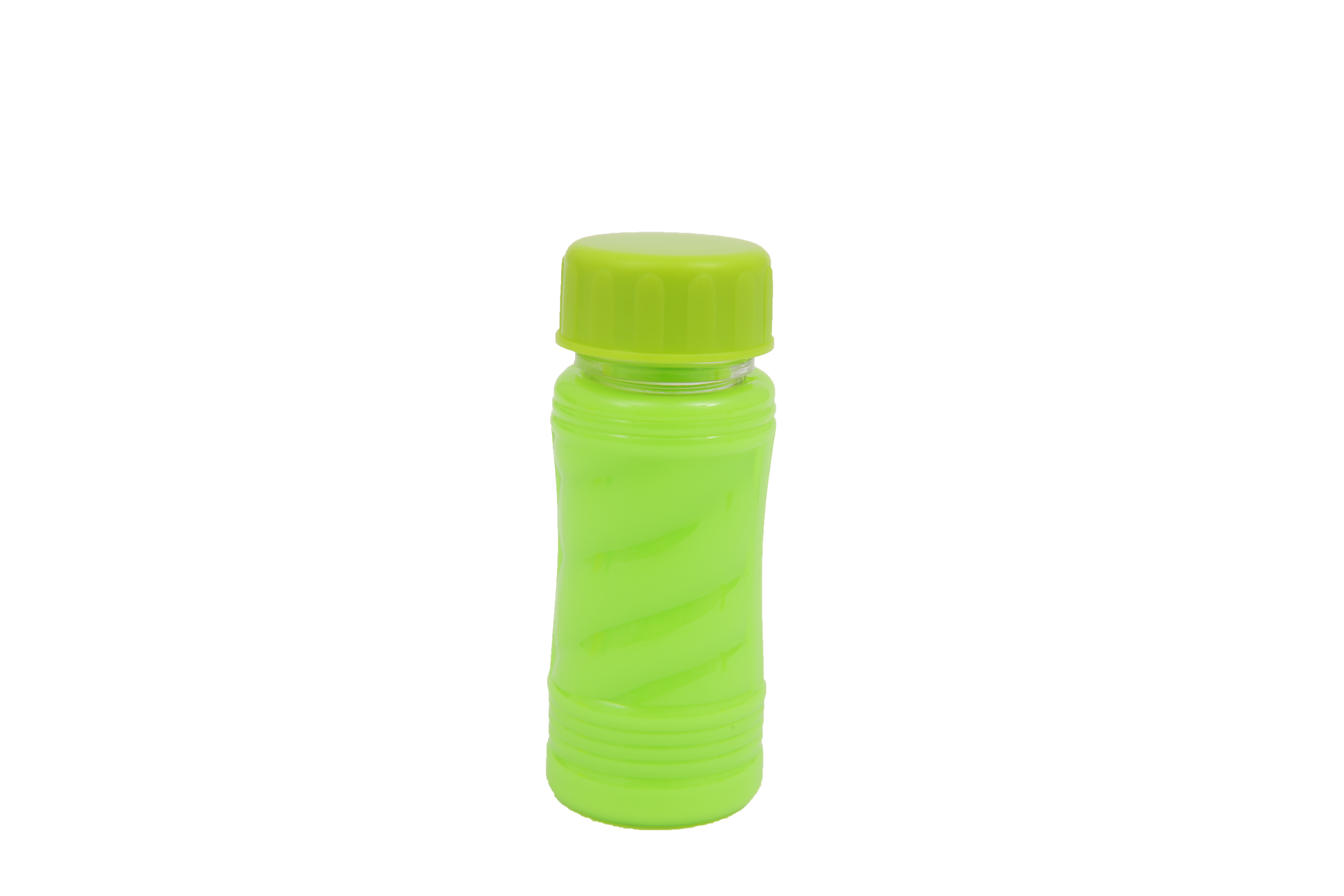 Botella de burbujas verde con tapa verde, sobre fondo blanco. La botella tiene un diseño en espiral.