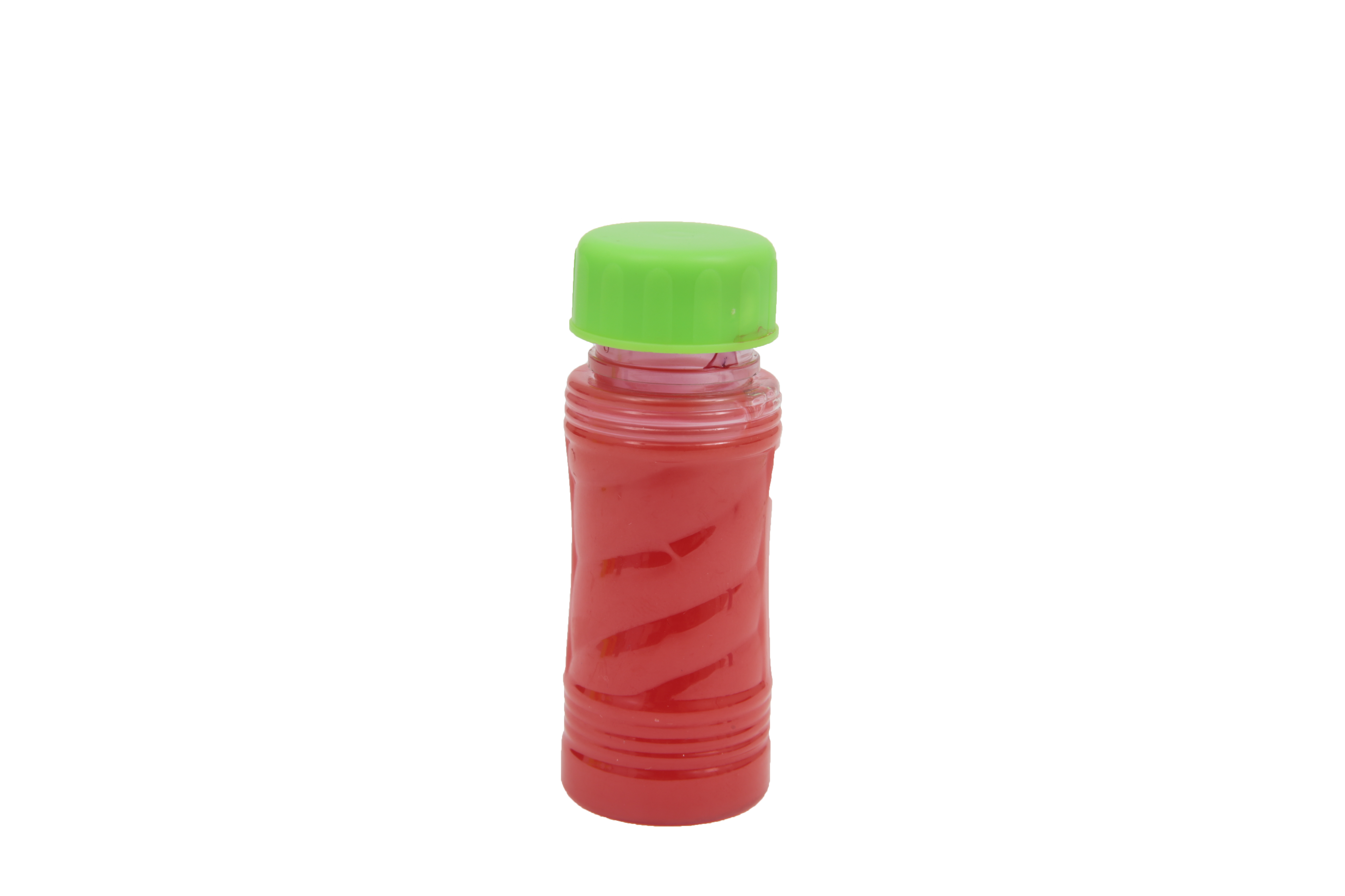 Botella pequeña de solución de burbujas roja con tapa verde, sobre fondo blanco.