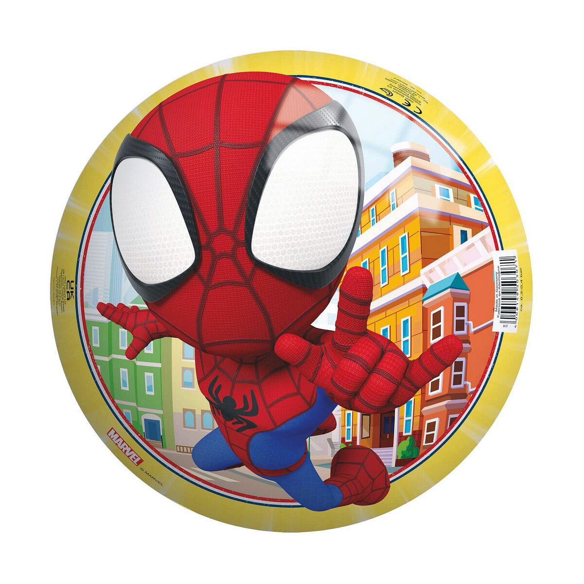 Un pallone da spiaggia di Spider-Man. La palla è gialla e presenta il design del personaggio di Spider-Man.