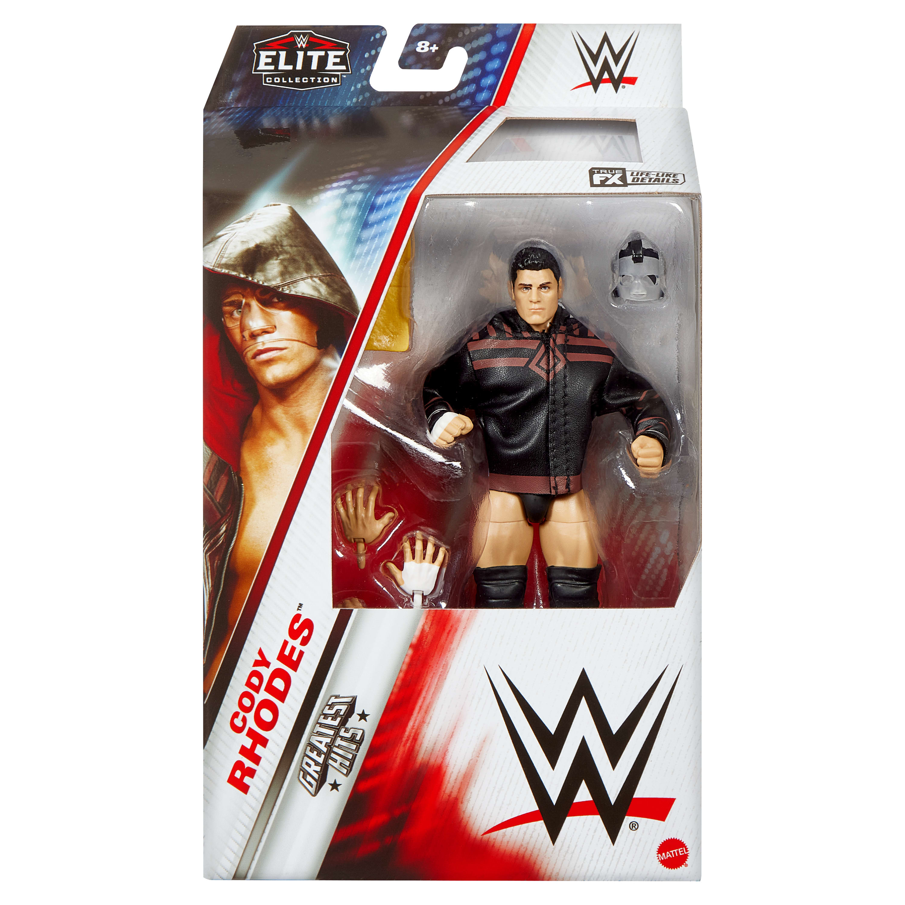 Un'action figure di wrestling in una scatola espositiva, con l'immagine di un wrestler sulla scatola.