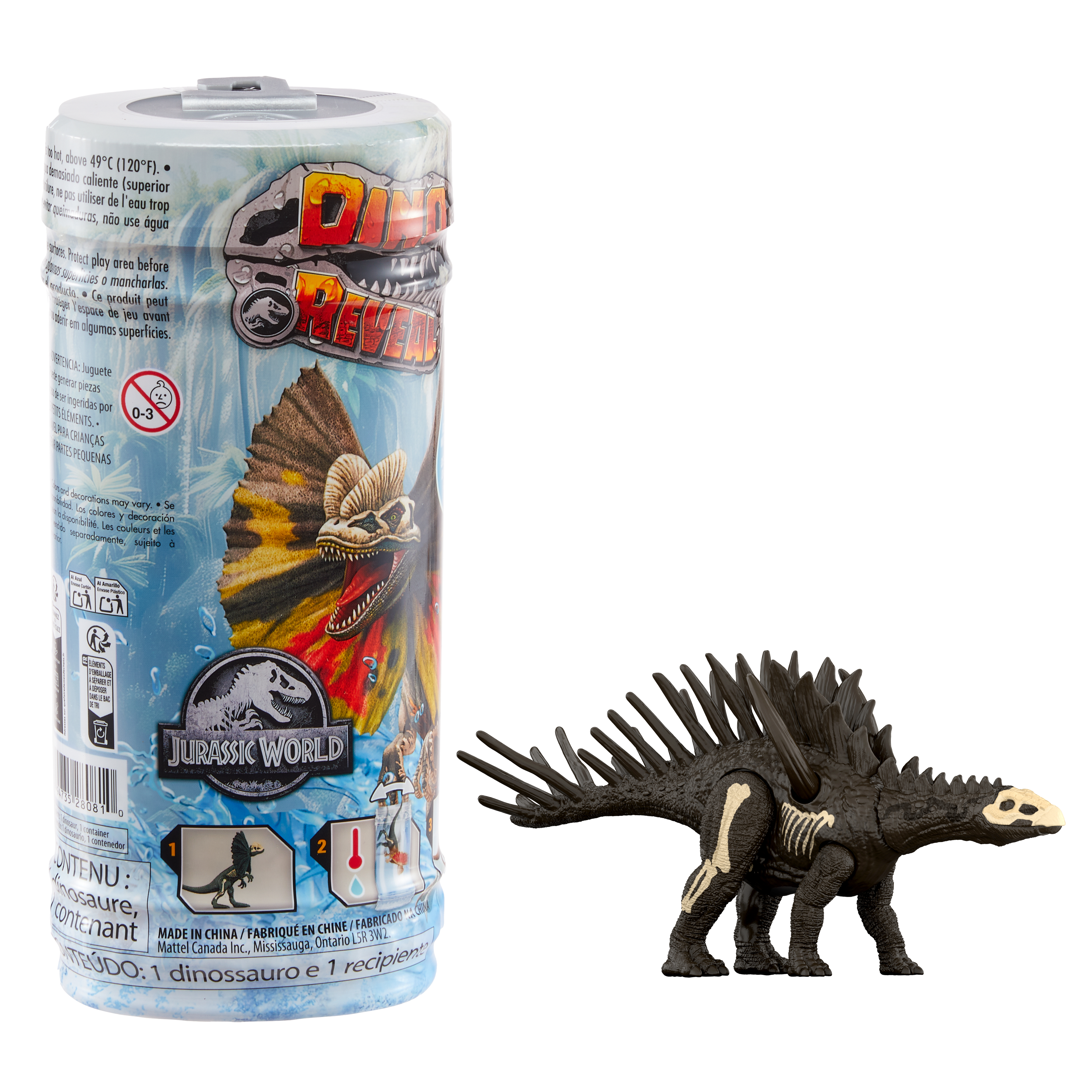 Juguete de dinosaurio 'Dino Reveal', un contenedor cilíndrico con un modelo de esqueleto de dinosaurio al lado.