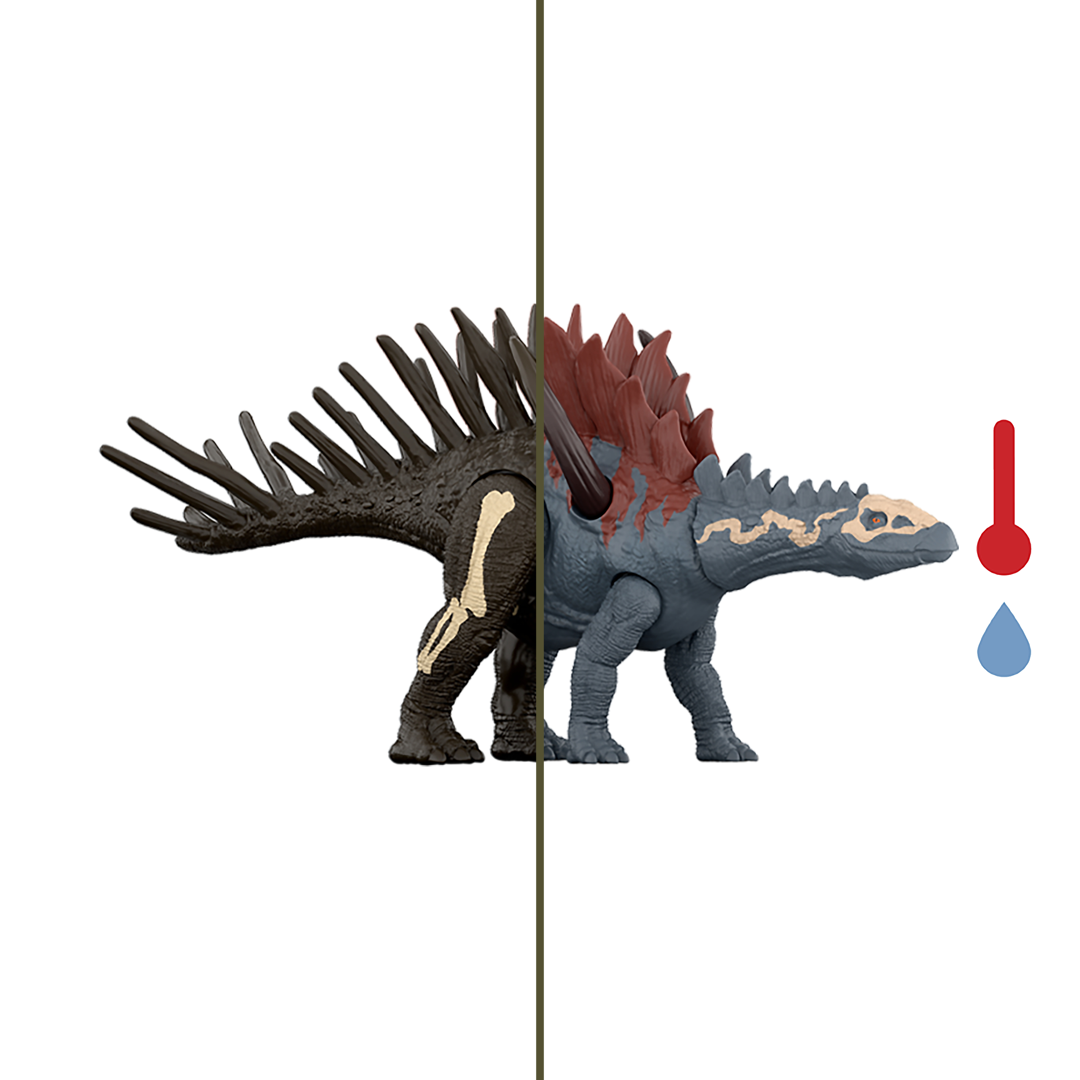 Juguete de dinosaurio, mitad oscuro y mitad claro, con un termómetro que indica la temperatura.