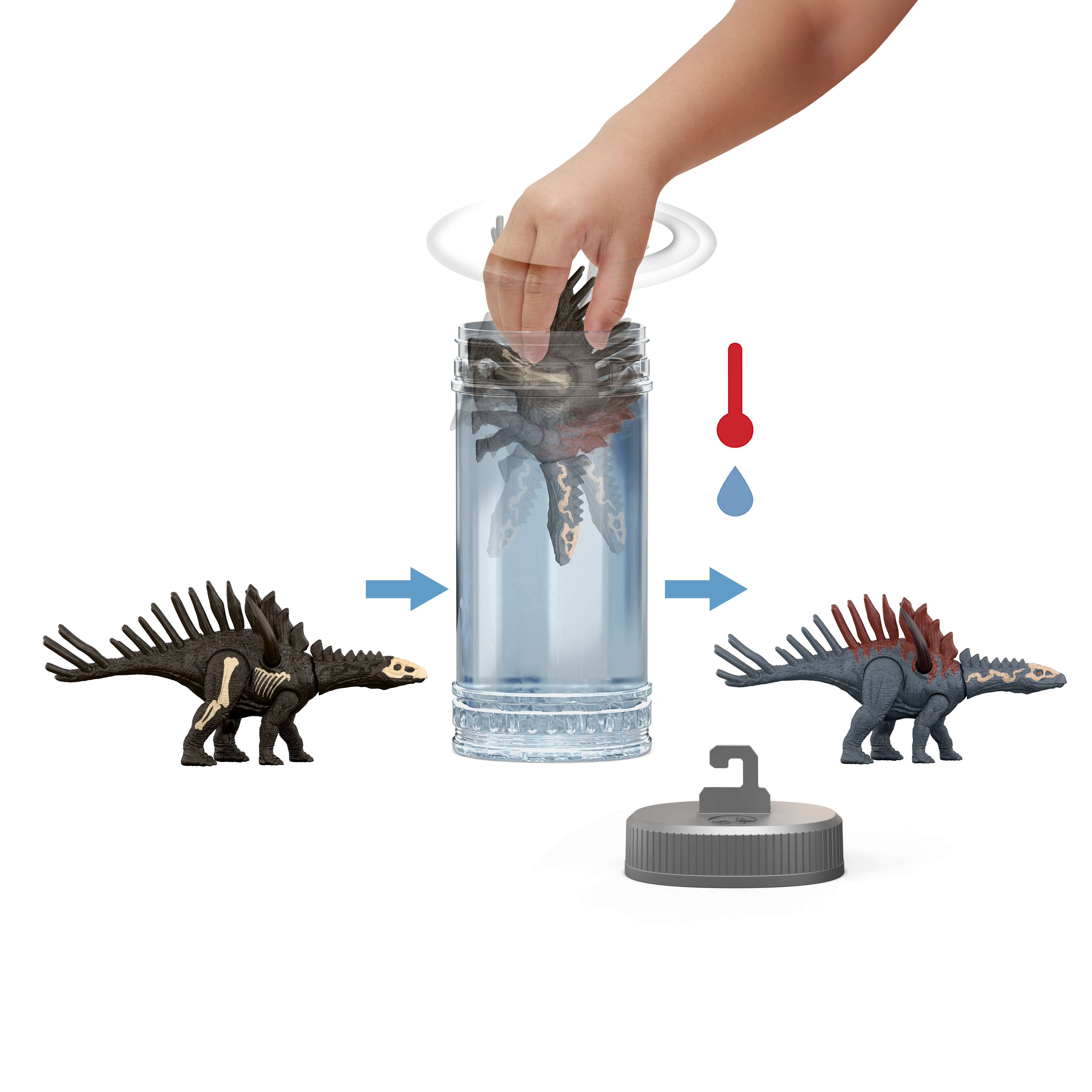 El juguete de dinosaurio cambia de color al meterlo en agua. Muestra el estado anterior y posterior.