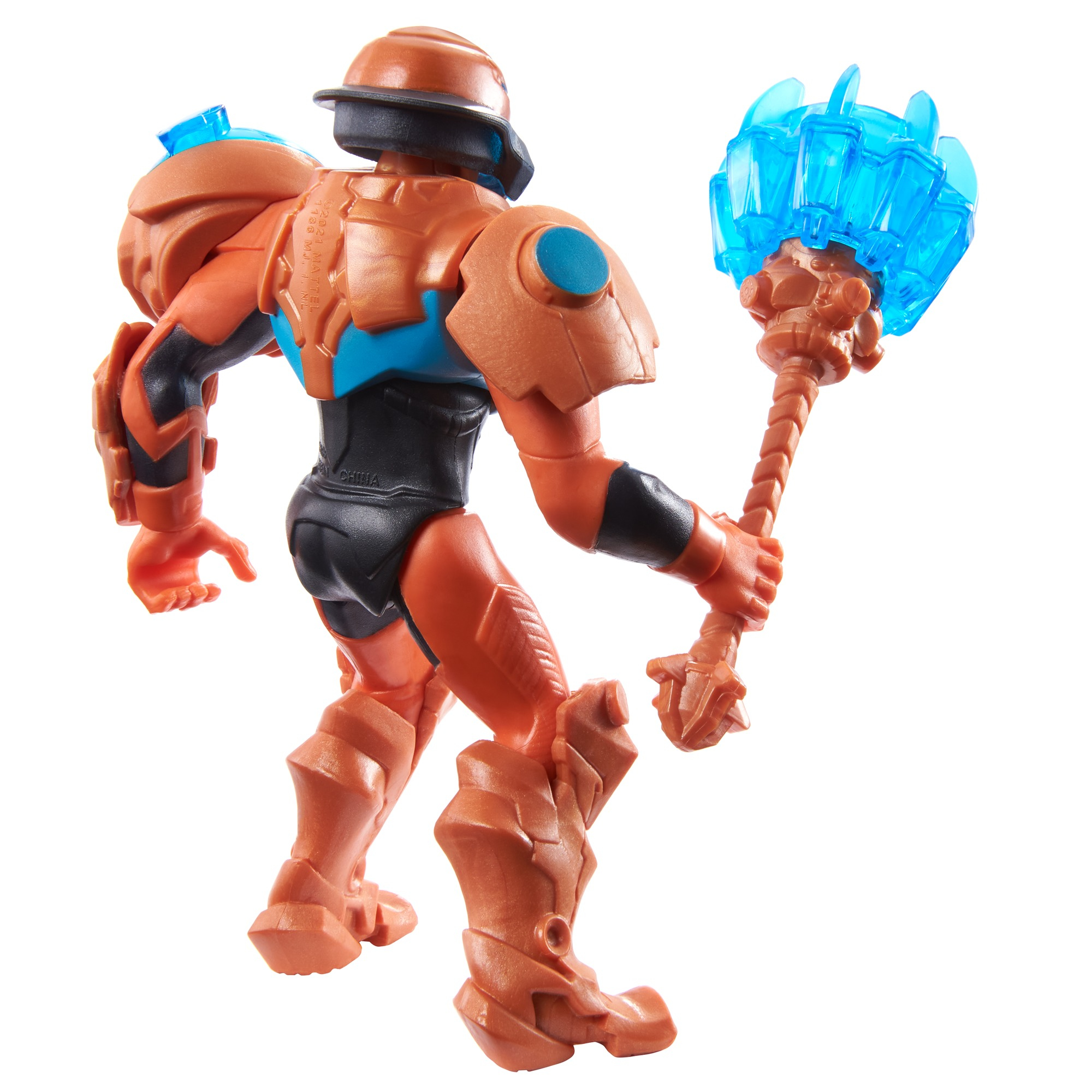La vista posteriore di un action figure arancione con dettagli blu, che tiene un'arma blu.