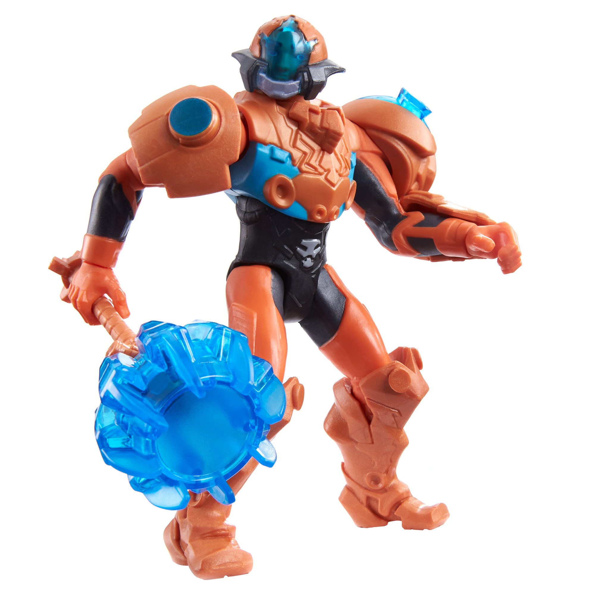 Un action figure arancione e blu che tiene una mazza blu, in piedi su una superficie bianca.
