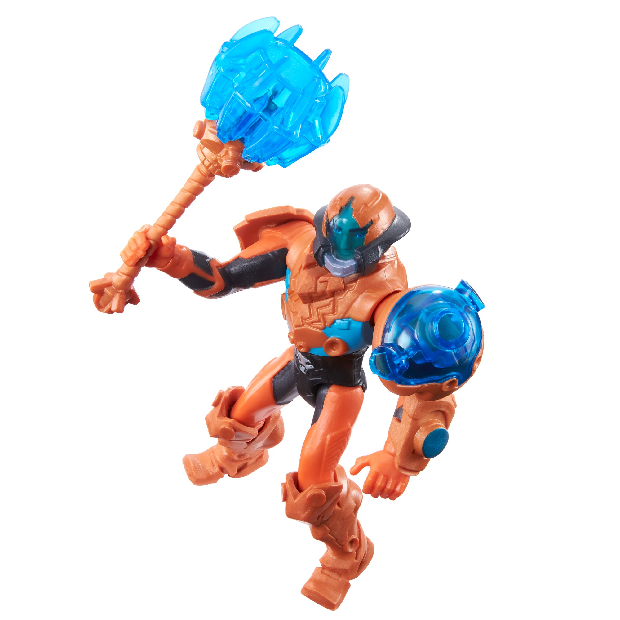 Action figure arancione con arma blu. La figura è in posa dinamica, braccia alzate. Sfondo bianco.