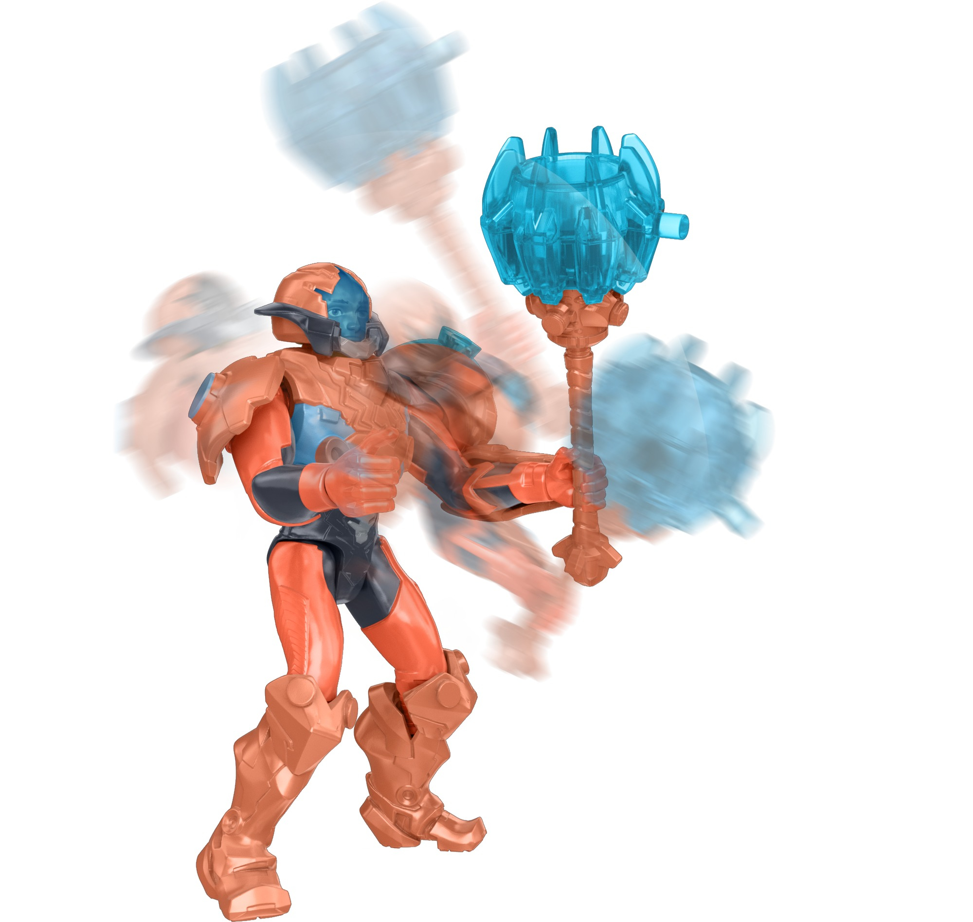 Un action figure arancione in movimento, che tiene un'arma blu, con effetti di sfocatura del movimento.