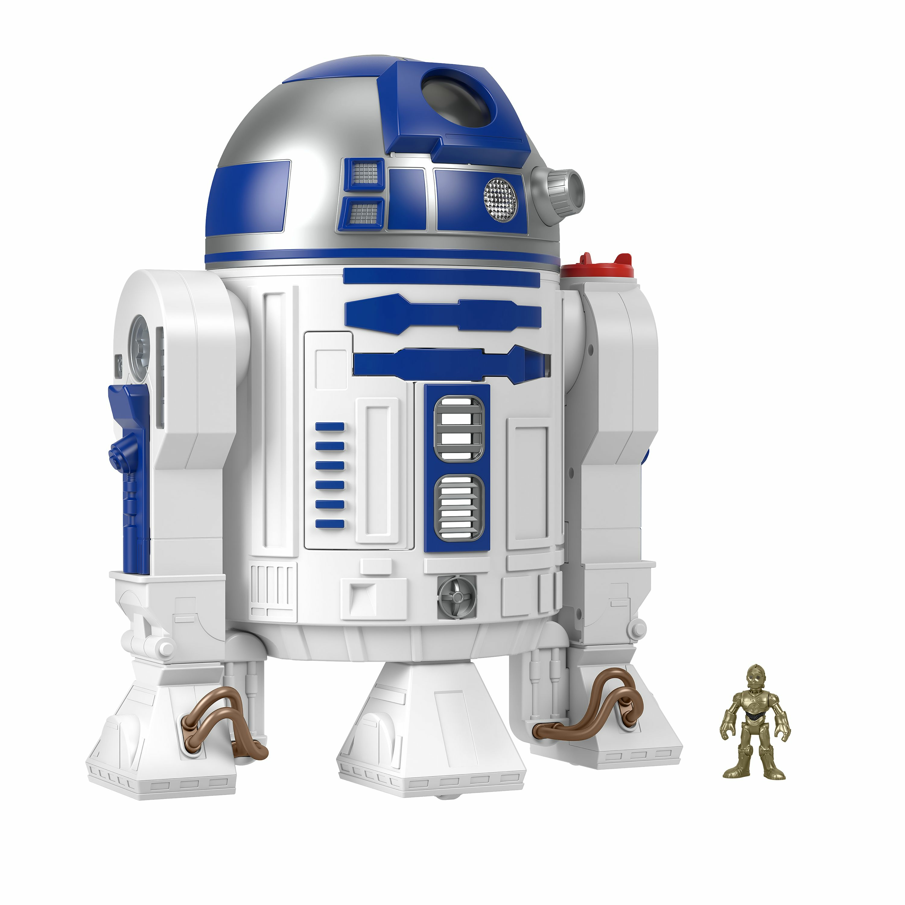 Figura di R2-D2 bianco e blu con C-3PO, in piedi su una superficie bianca.