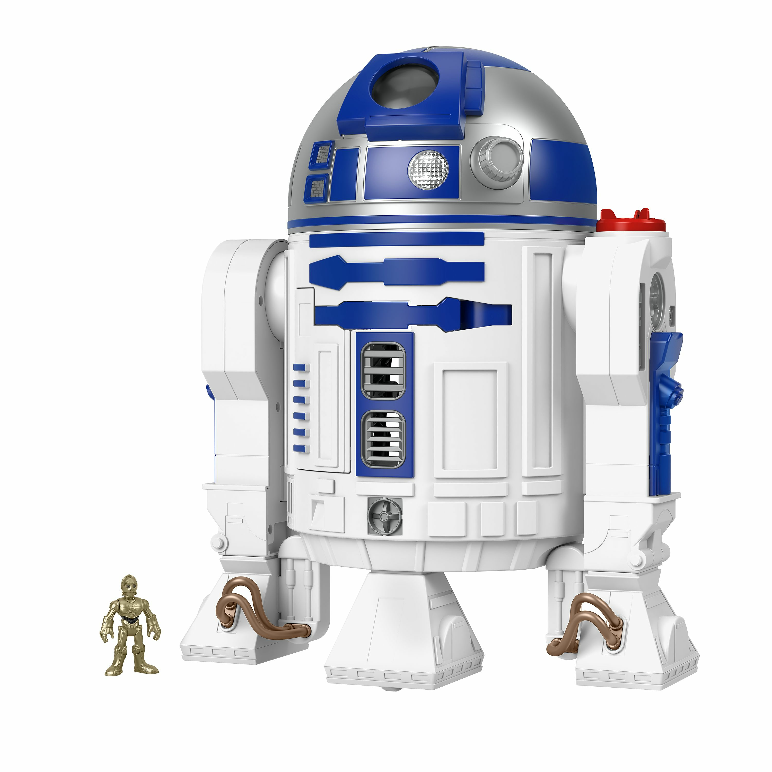 Giocattolo R2-D2 bianco e blu con una piccola figura di C-3PO accanto, su sfondo bianco.