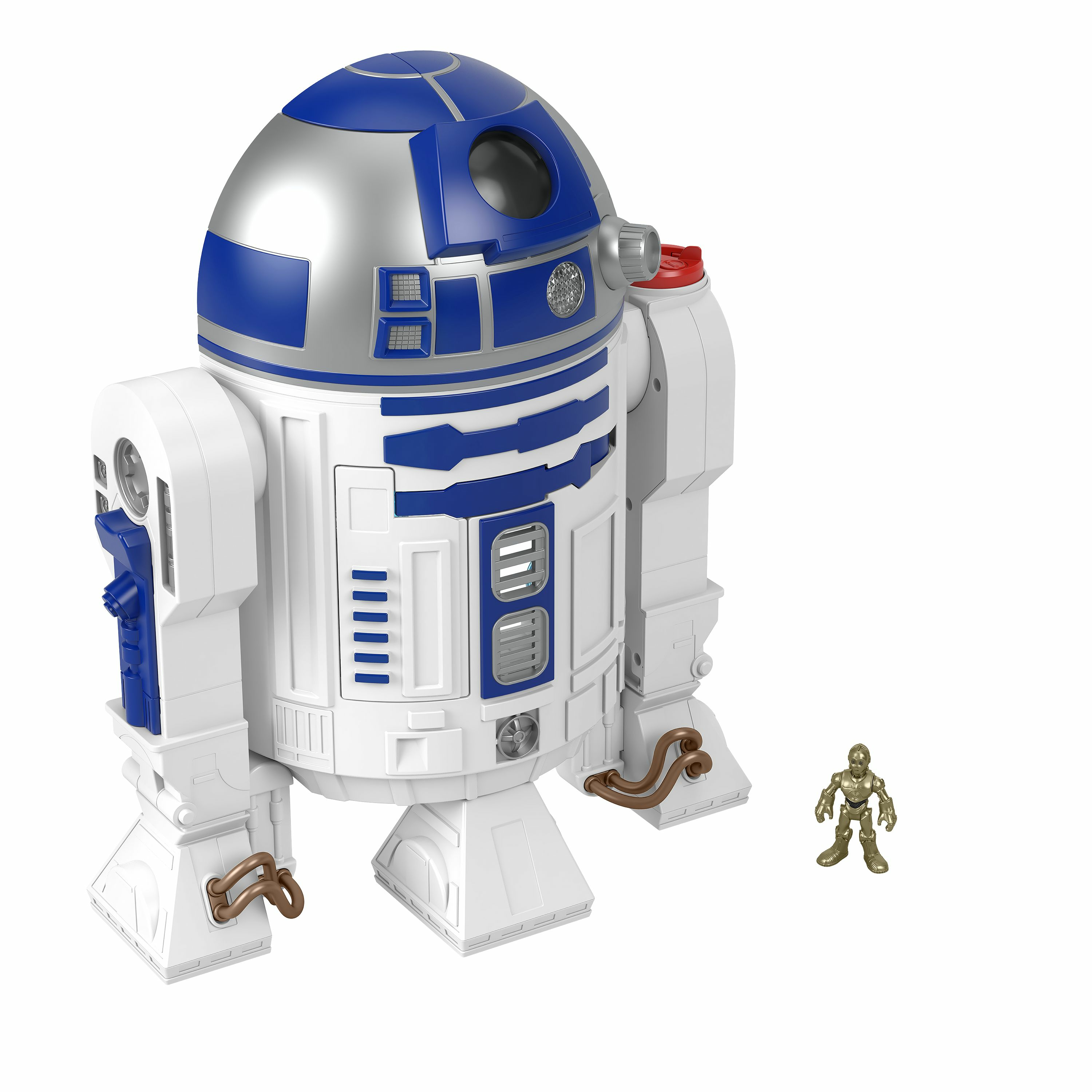 Giocattolo R2-D2 bianco e blu con una piccola figura di C-3PO accanto, su sfondo bianco.