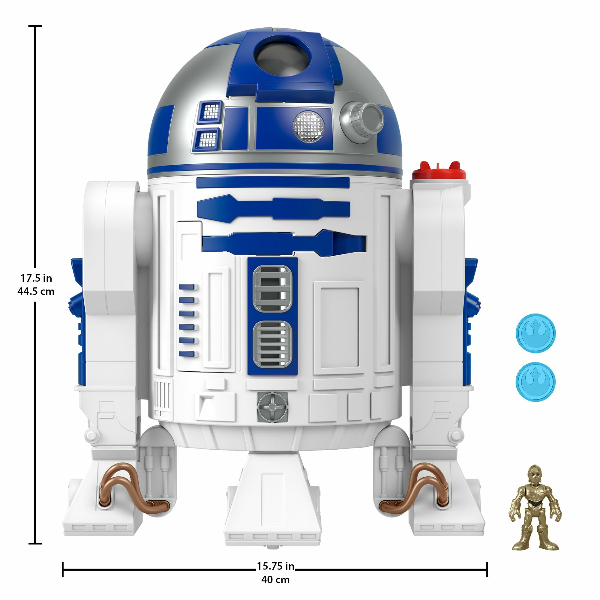 Un giocattolo R2-D2 di Star Wars bianco e blu con accessori e indicazioni dimensionali.
