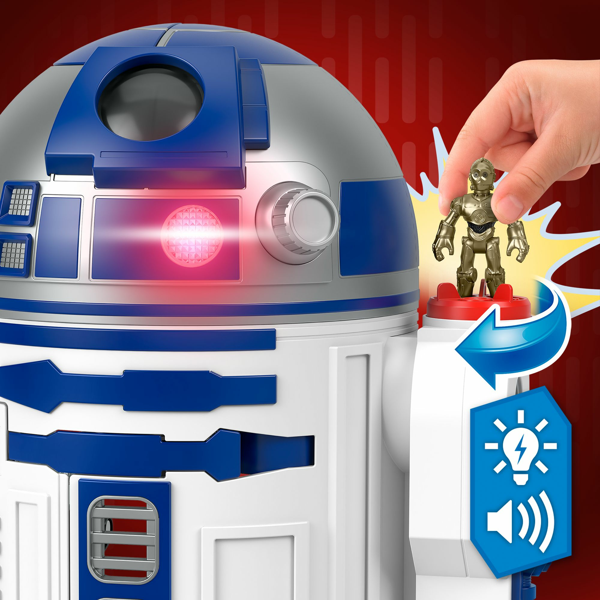 Primo piano del giocattolo R2-D2 con una mano che posiziona una figura di C-3PO sopra. Effetti rossi e di luce visibili.
