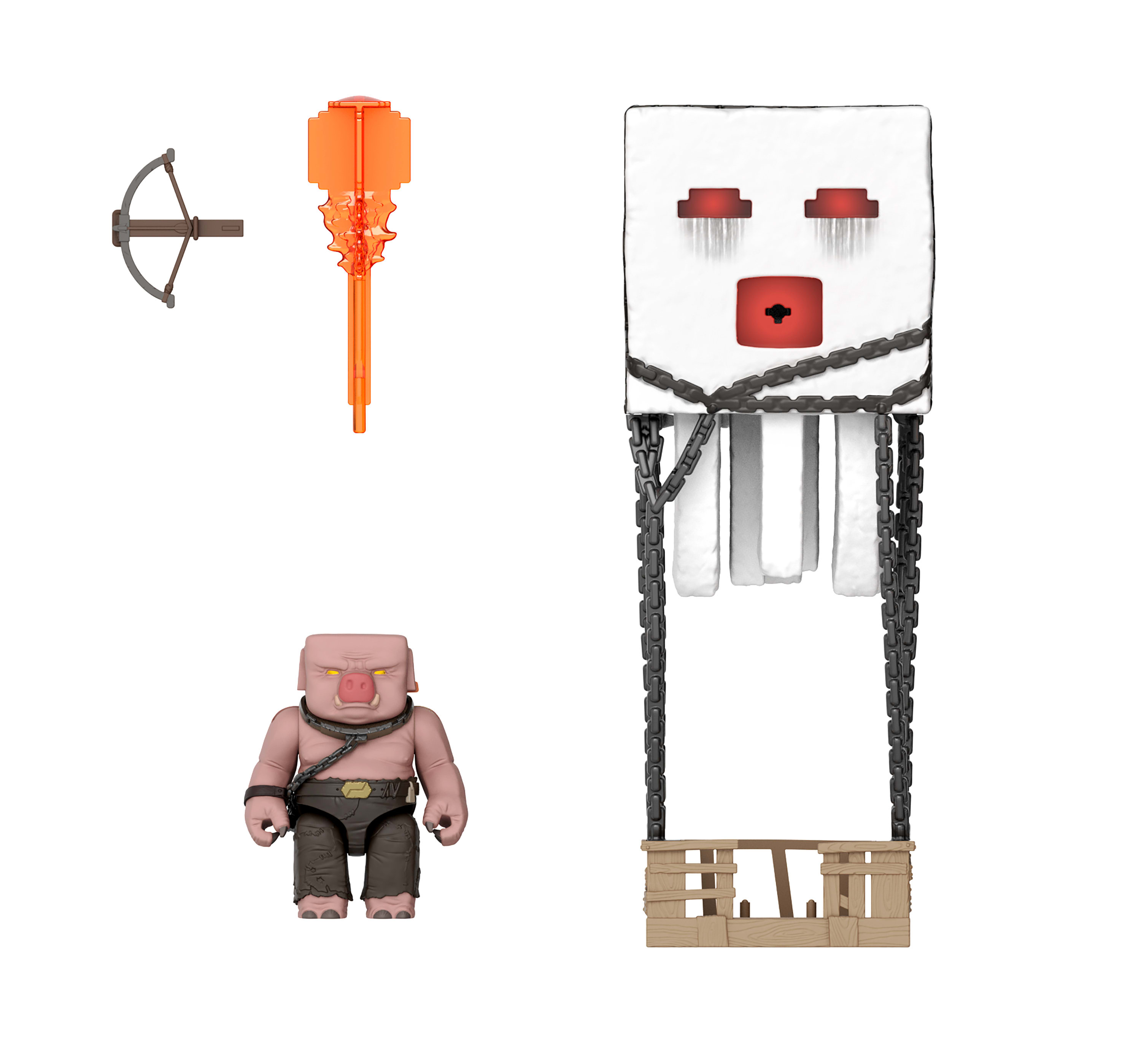 Zestaw zabawek: kusza, maczuga i unoszące się białe pudełko z twarzą i łańcuchami oraz figurka świni.