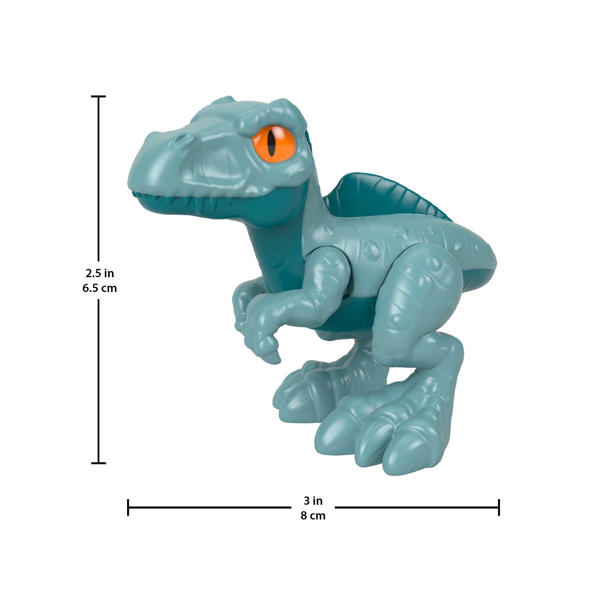 Un giocattolo di dinosauro blu con occhi arancioni. Misura 2,5 pollici di altezza e 3 pollici di larghezza. Il giocattolo è in piedi.