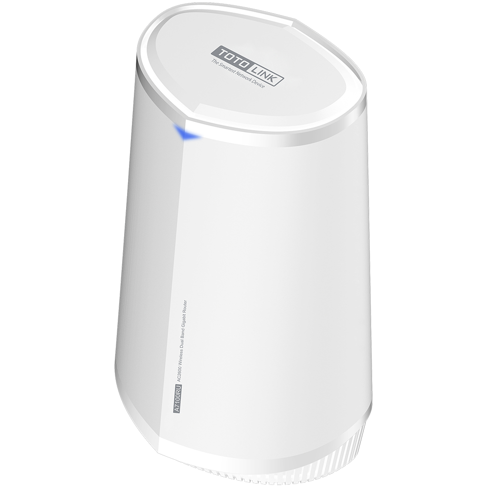 Biały router z napisem "TOTO LINK" na górze. Z przodu ma niebieskie światło.