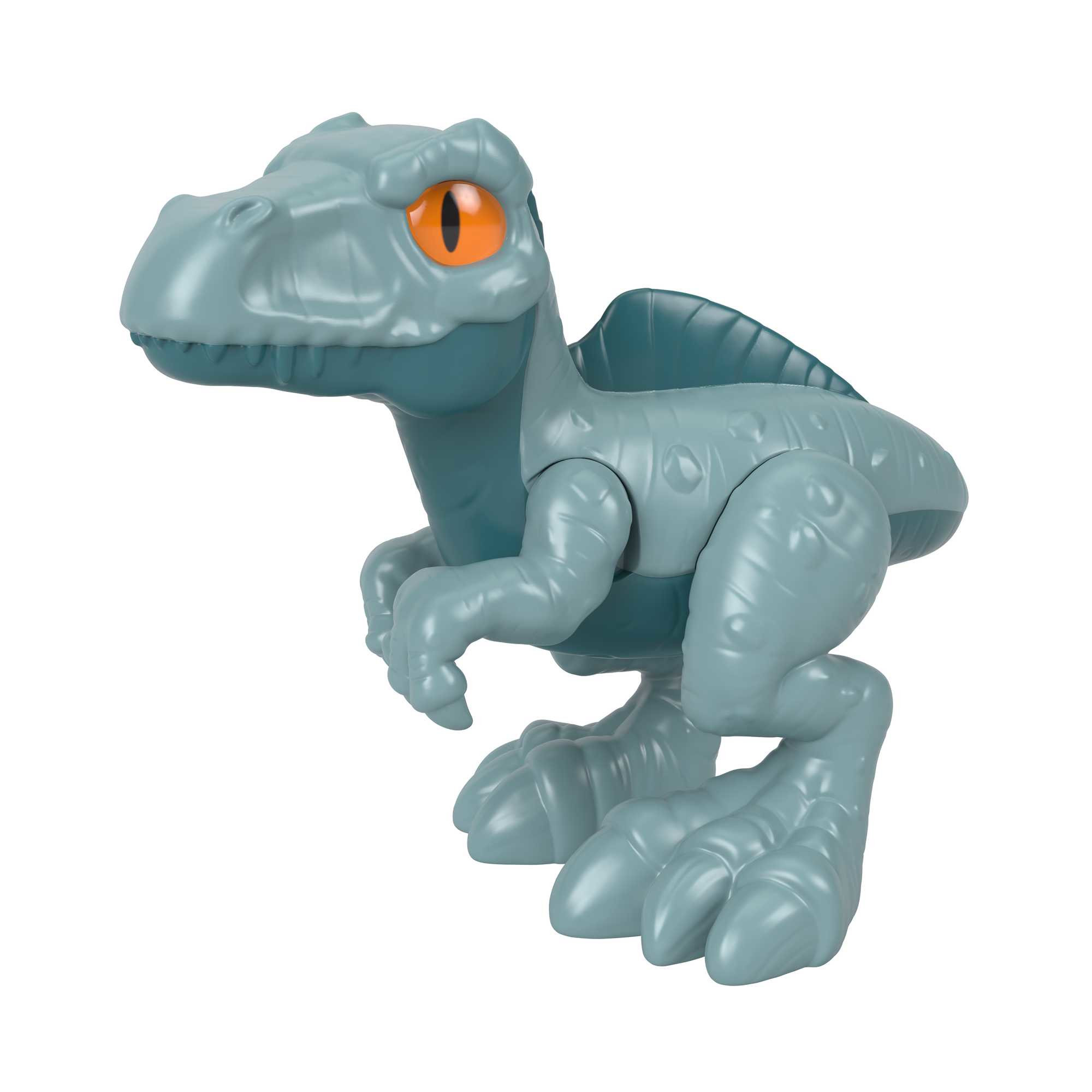 Giocattolo di raptor blu con occhi arancioni, in piedi. Sfondo bianco.