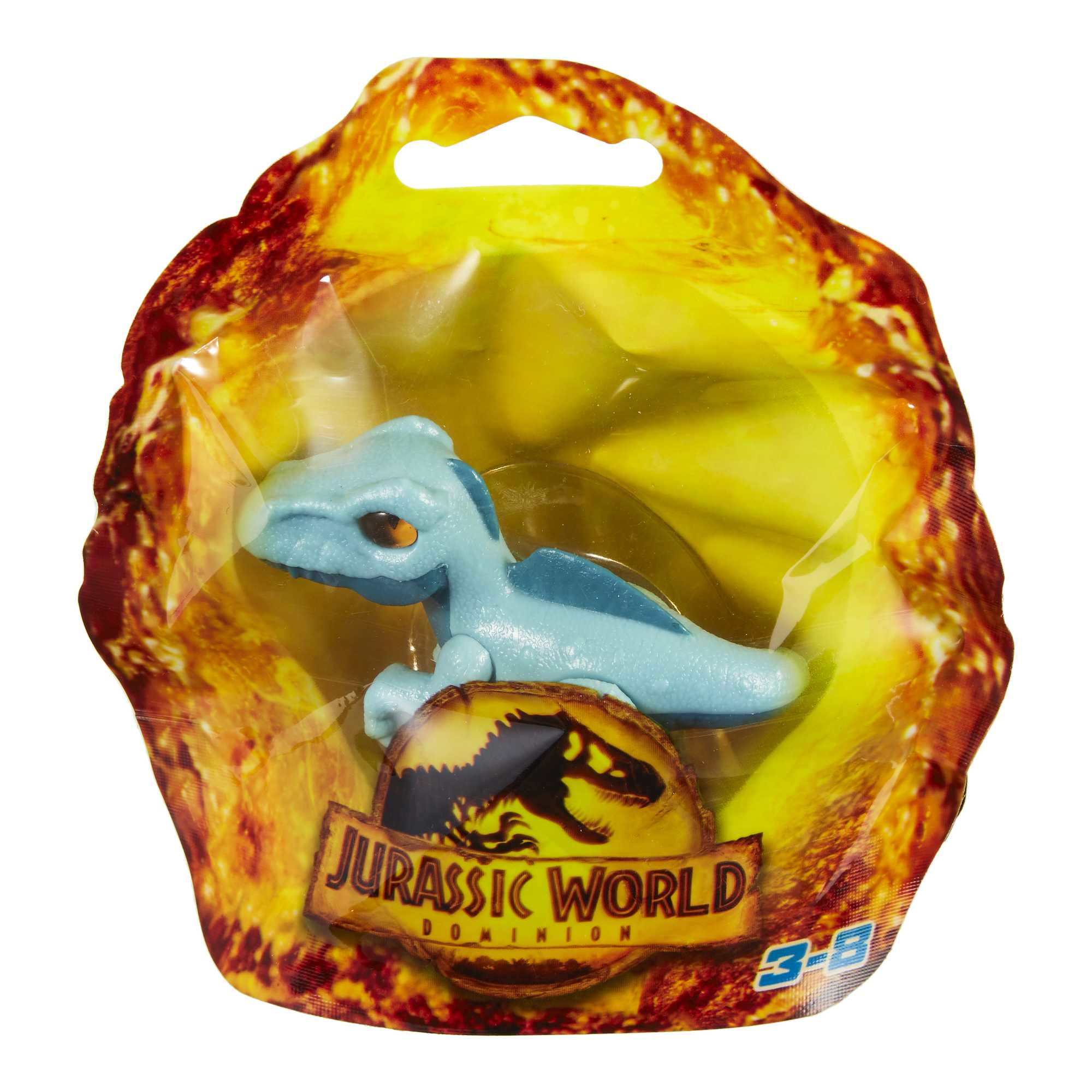 Giocattolo dinosauro blu all'interno di una confezione giallo-arancione con il logo Jurassic World.
