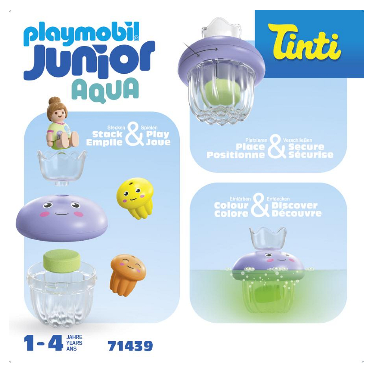 Set di giocattoli Playmobil Junior Aqua con forme diverse e un giocattolo a forma di medusa su sfondo blu.